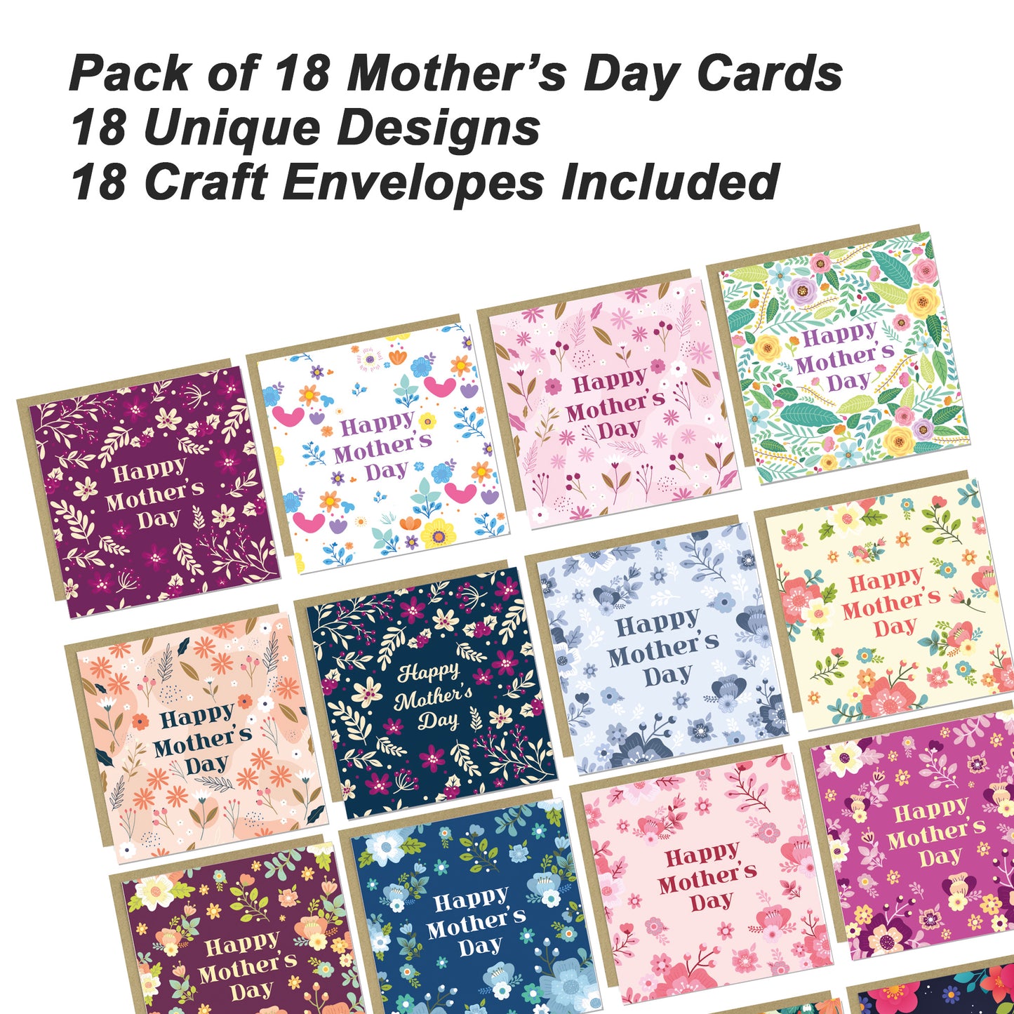 Mothers Day Card Pack of 18 Assorted Cards For Mother's Day Mum