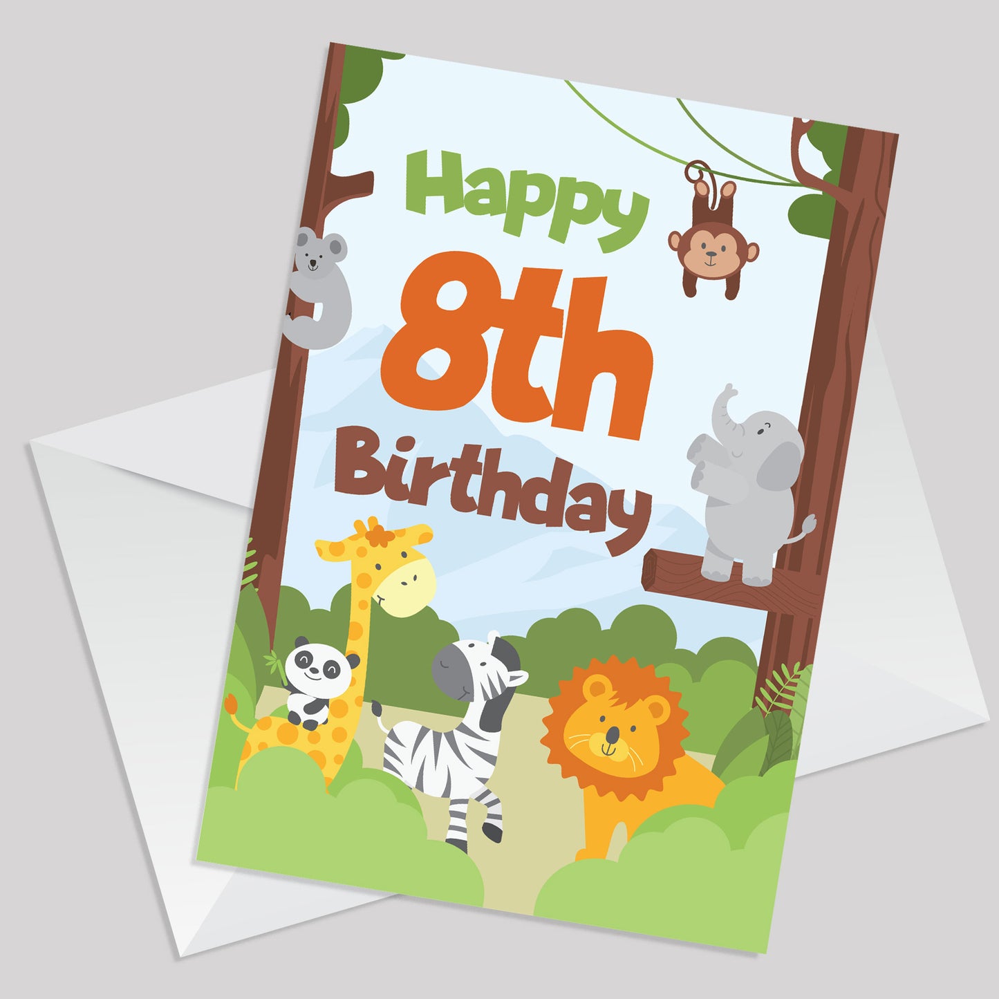 8th Birthday Card for Boys Girls Eighth Birthday Jungle Cards