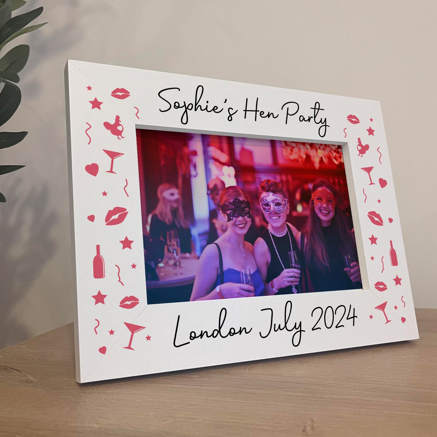 Hen Party Personalised Gifts, 7x5 White Wooden Frame, Hen Do Gif