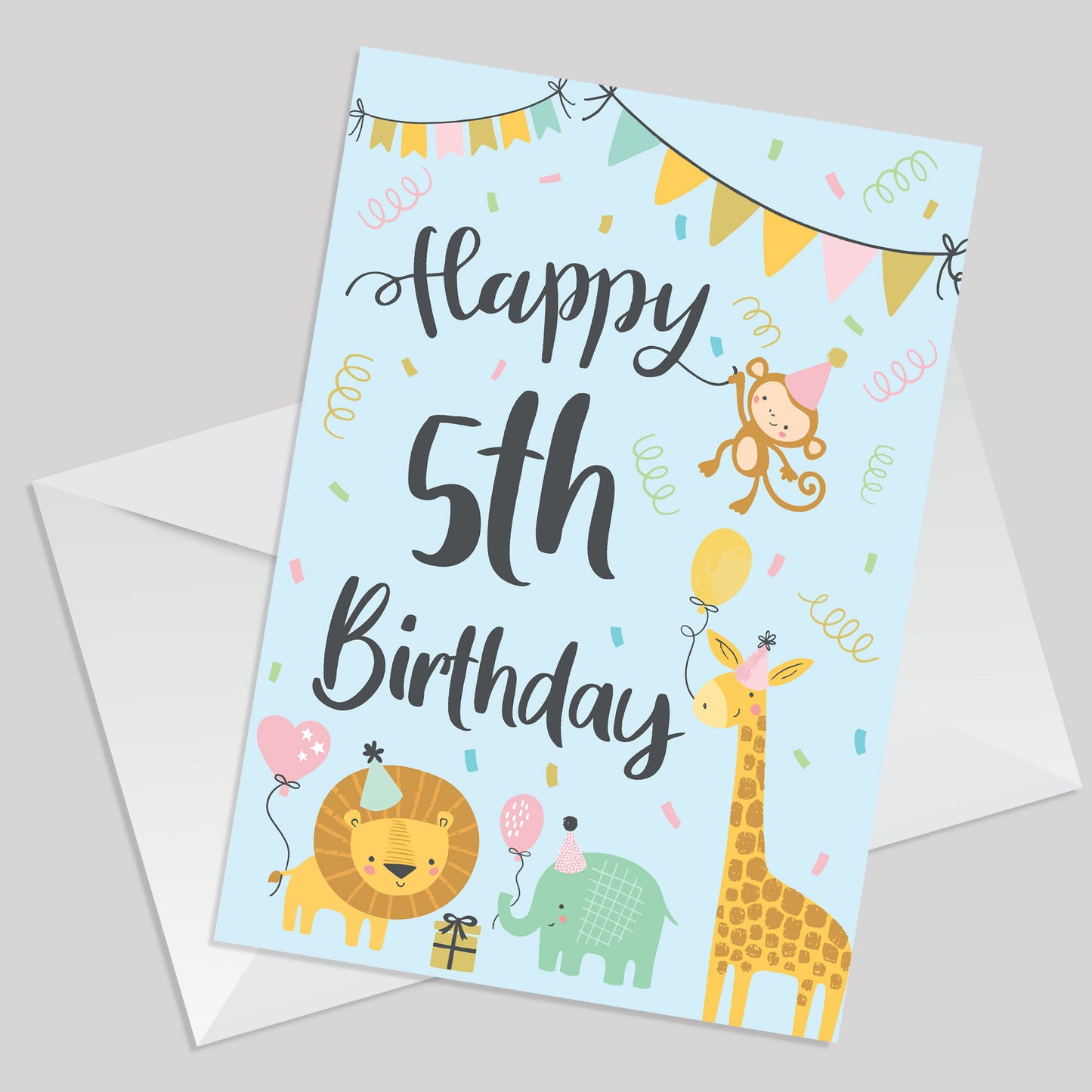 5th Birthday Jungle Animals Card for Girls Boys 5 Year Old Child