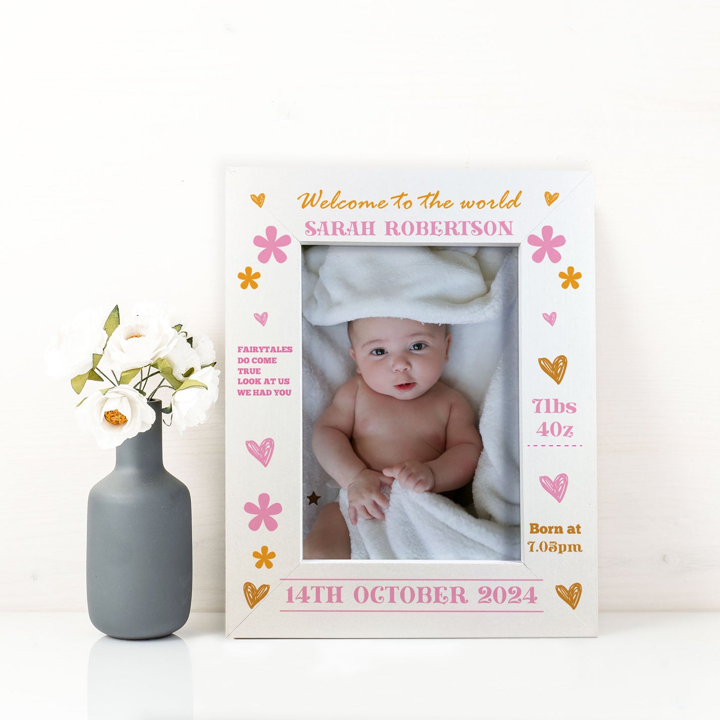 Personalised Baby Girl Photo Frame With Birth Details Welcome