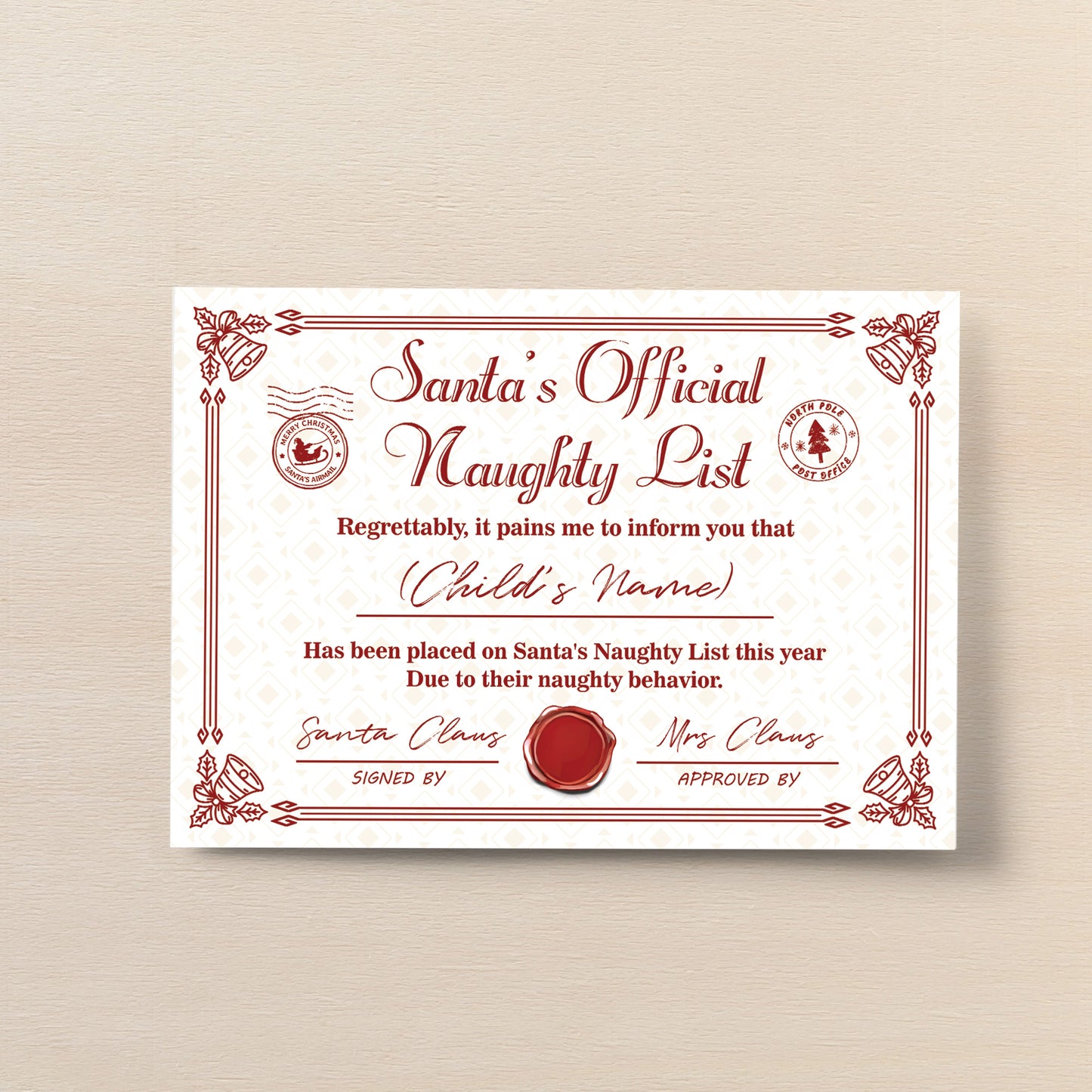 Official Naughty List Certificate From Santa Claus Funny Joke