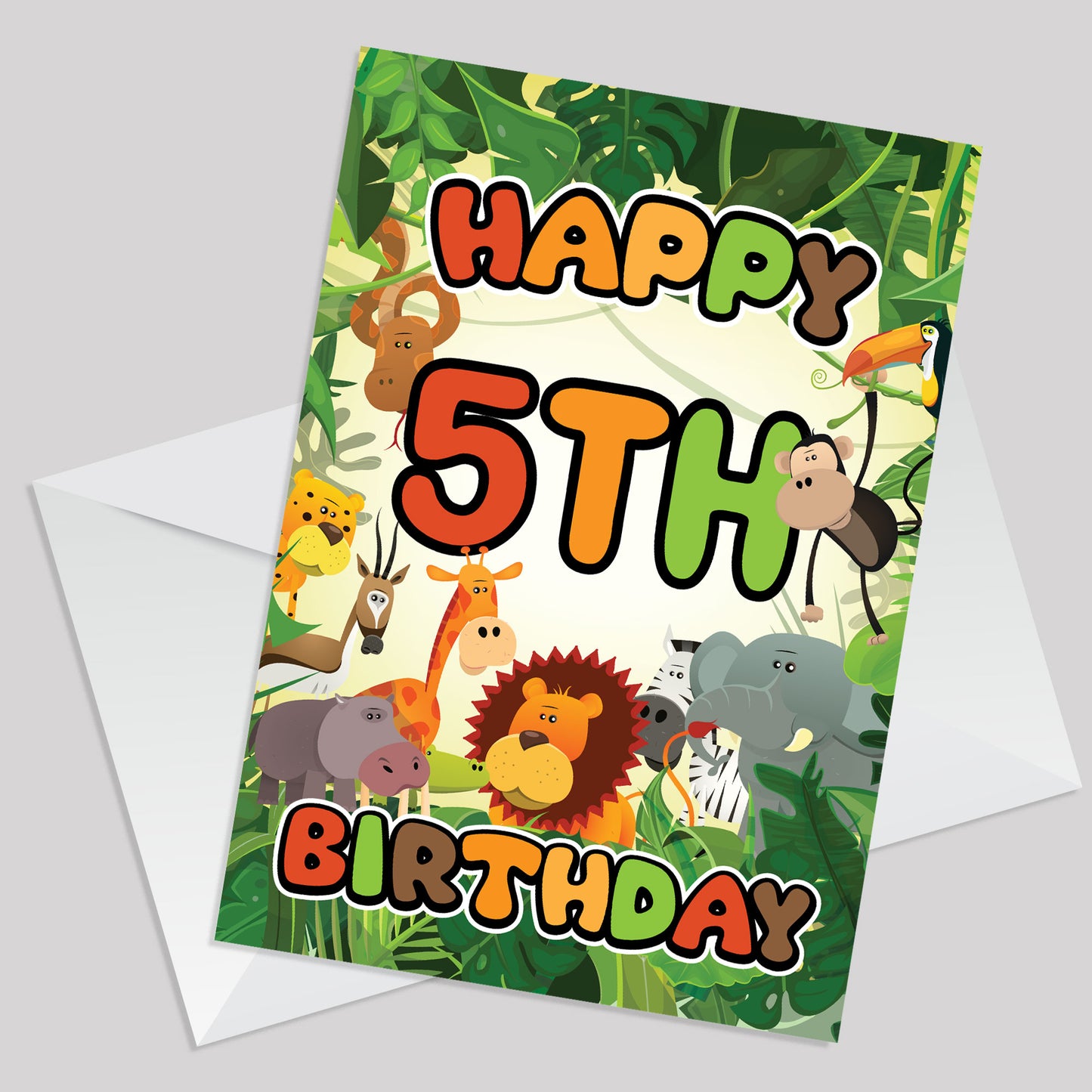 5th Birthday Card for Boy Girl Jungle Safari Animals 5 Years