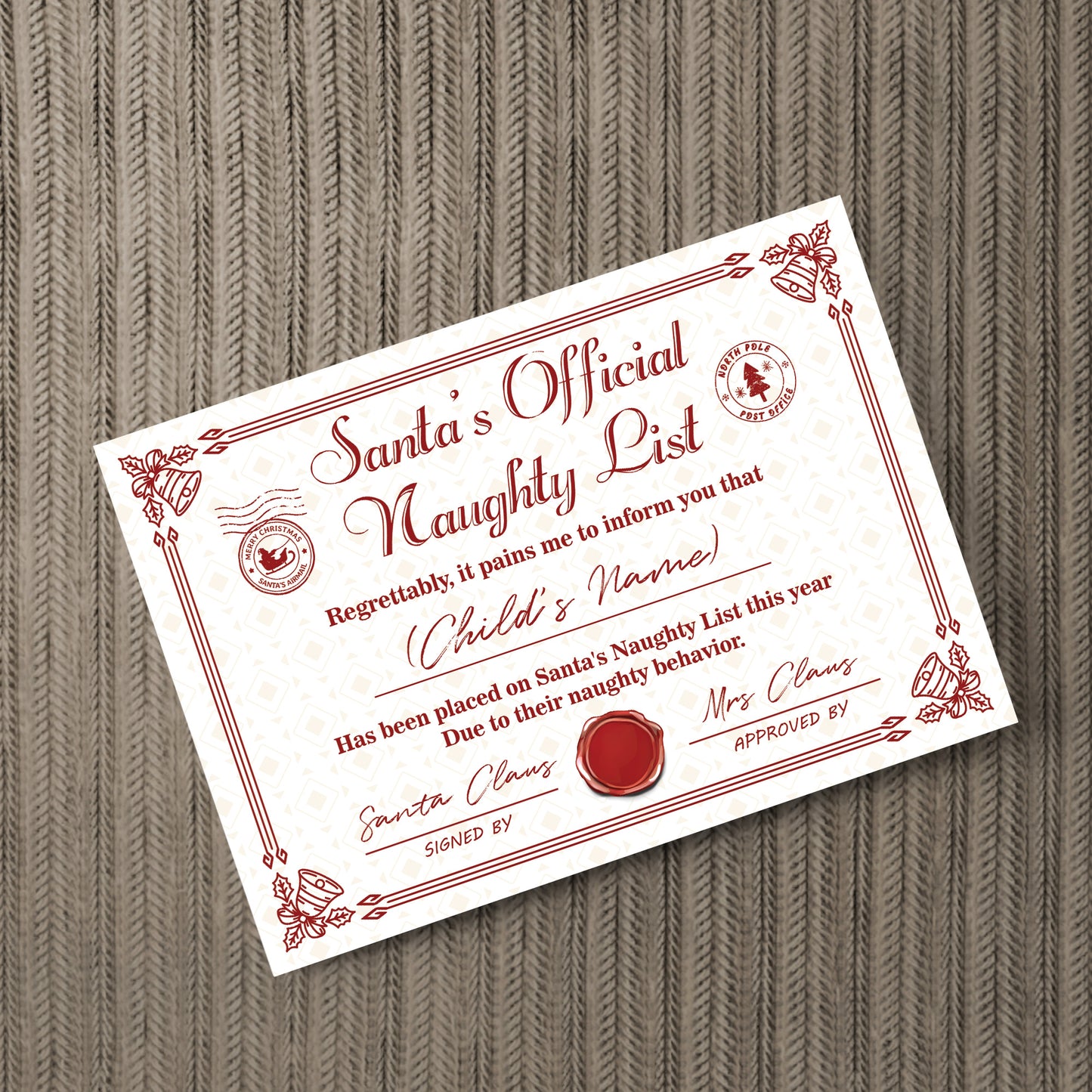 Official Naughty List Certificate From Santa Claus Funny Joke