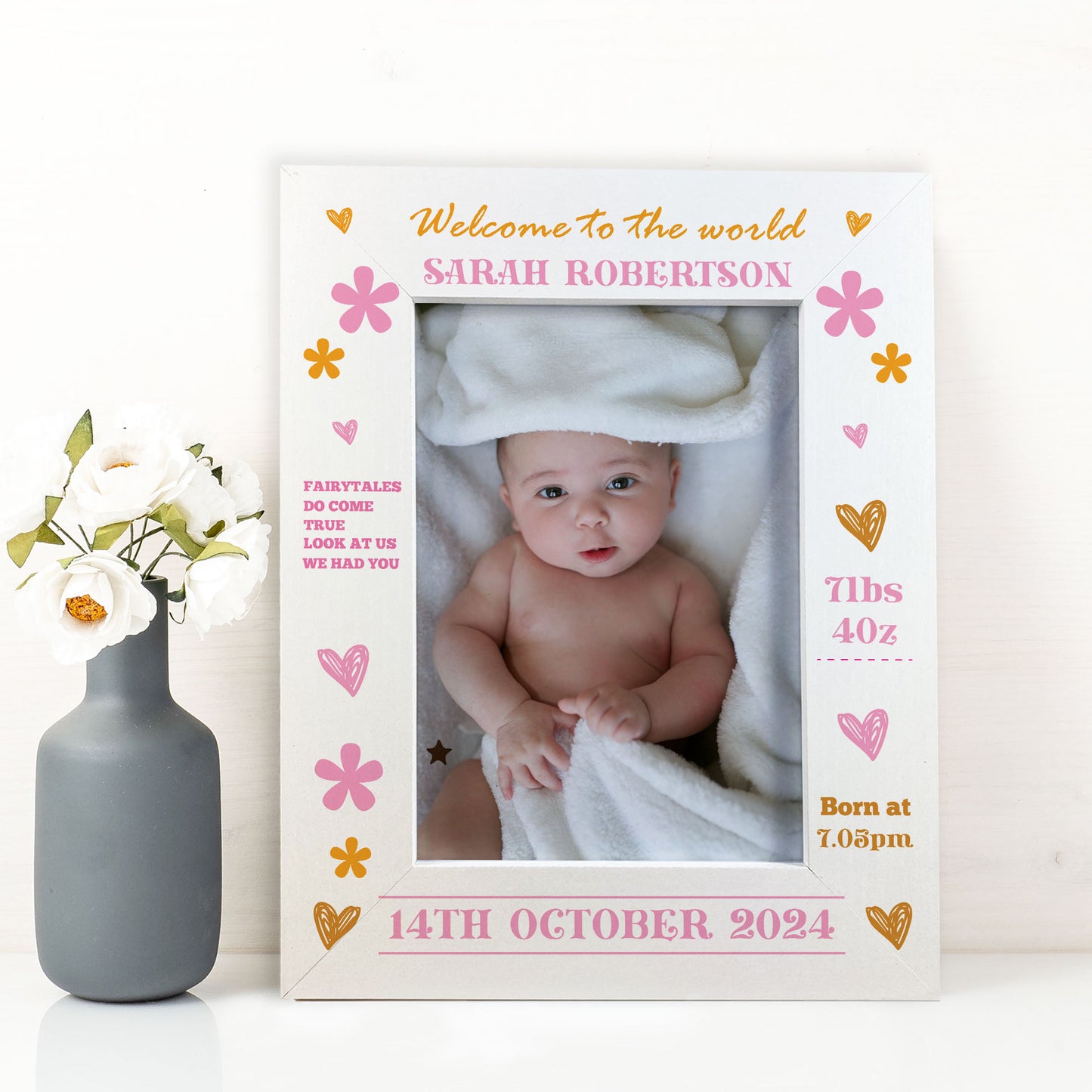 Personalised Baby Girl Photo Frame With Birth Details Welcome