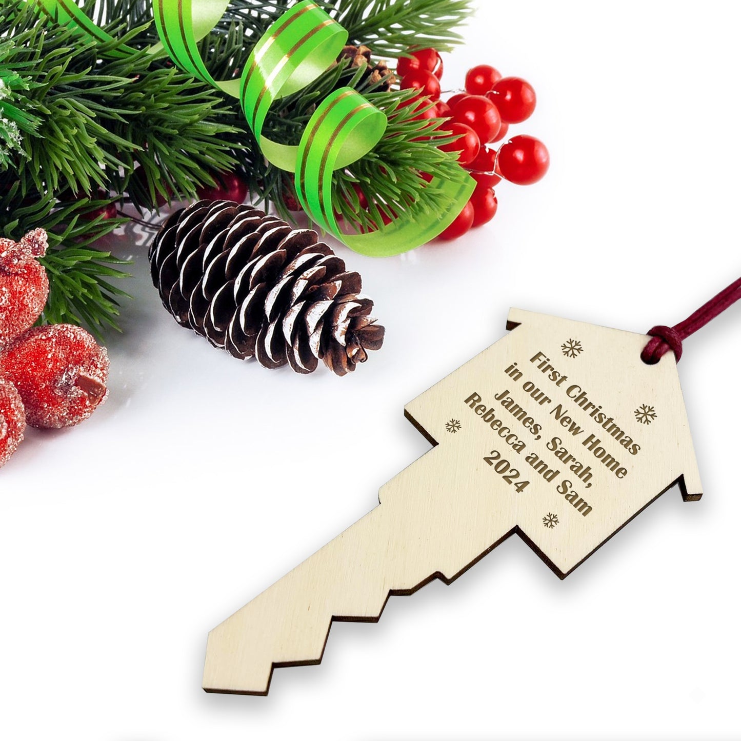First Christmas in Our New Home Bauble Personalised Wooden Key