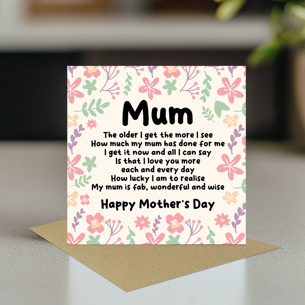 Happy Mothers Day Card, Floral Design, Poem Card For Mum