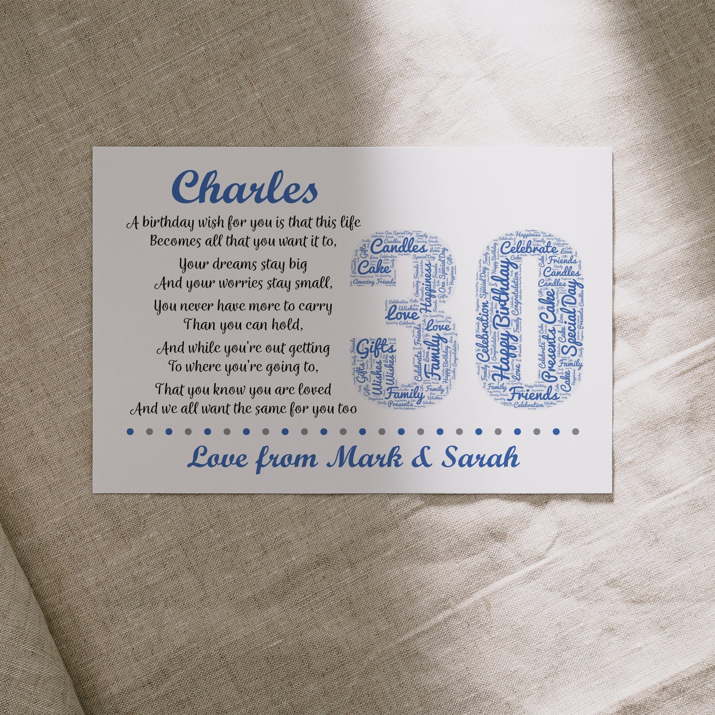 Personalised 30th Birthday Gift for Him Men Son Brother A3 Print