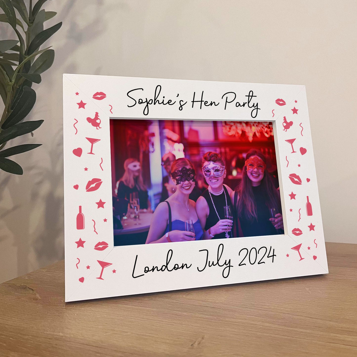 Hen Party Personalised Gifts, 7x5 White Wooden Frame, Hen Do Gif