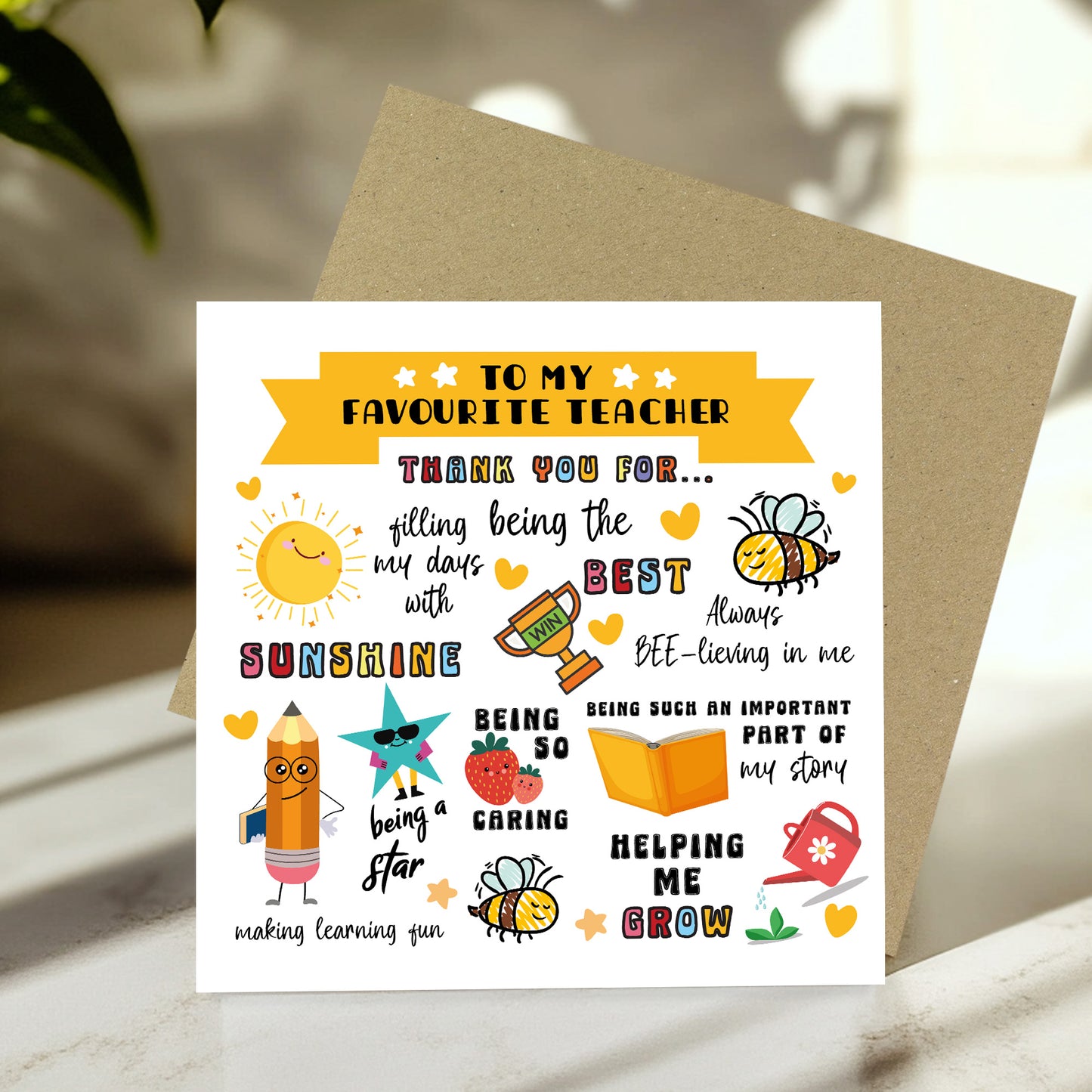 Teacher Thank You Card For Favourite Teacher With Kraft Envelope