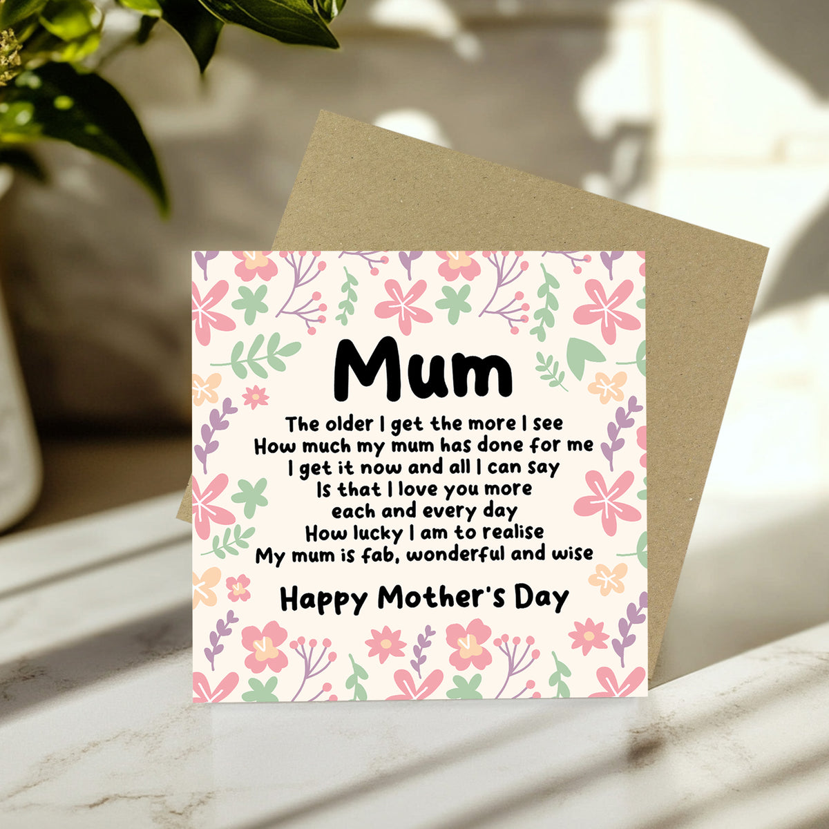 Happy Mothers Day Card, Floral Design, Poem Card For Mum