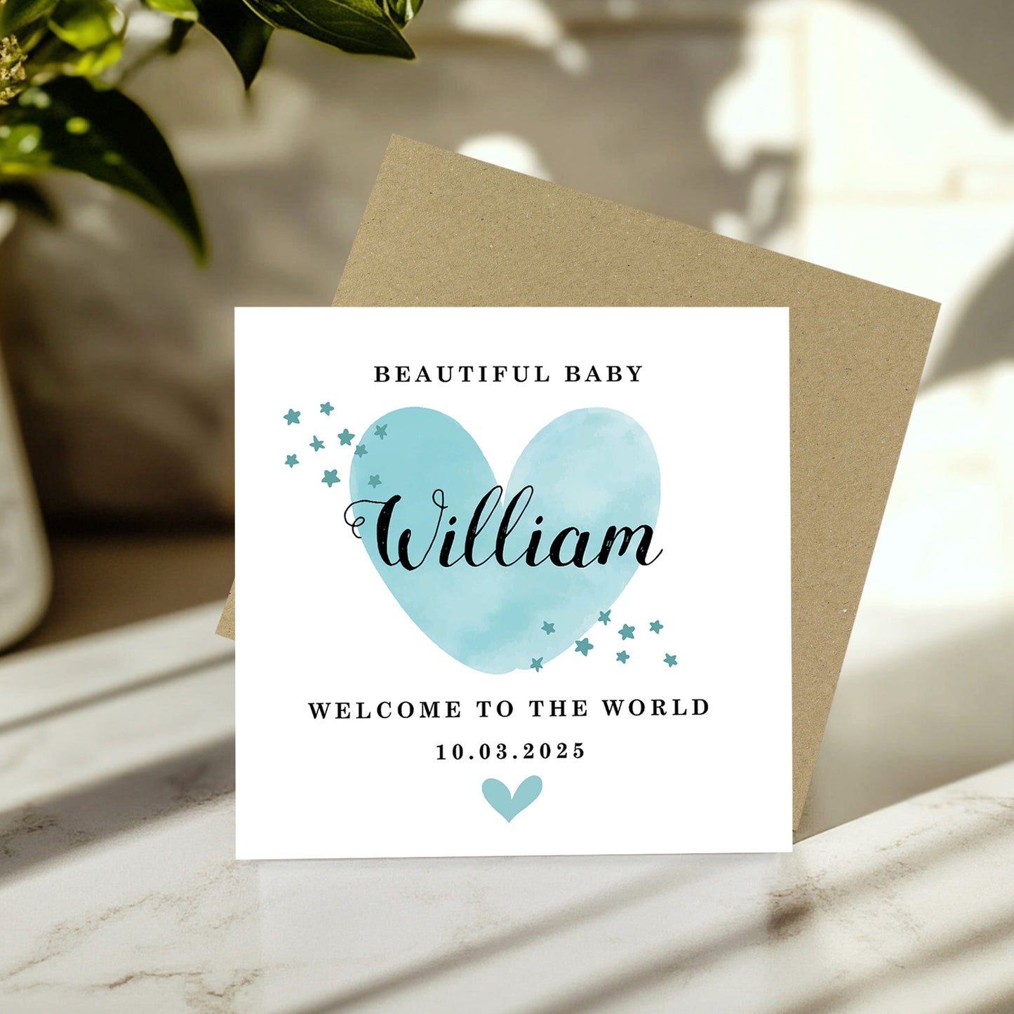 New Baby Card Watercolour Personalised Welcome to the World Boy