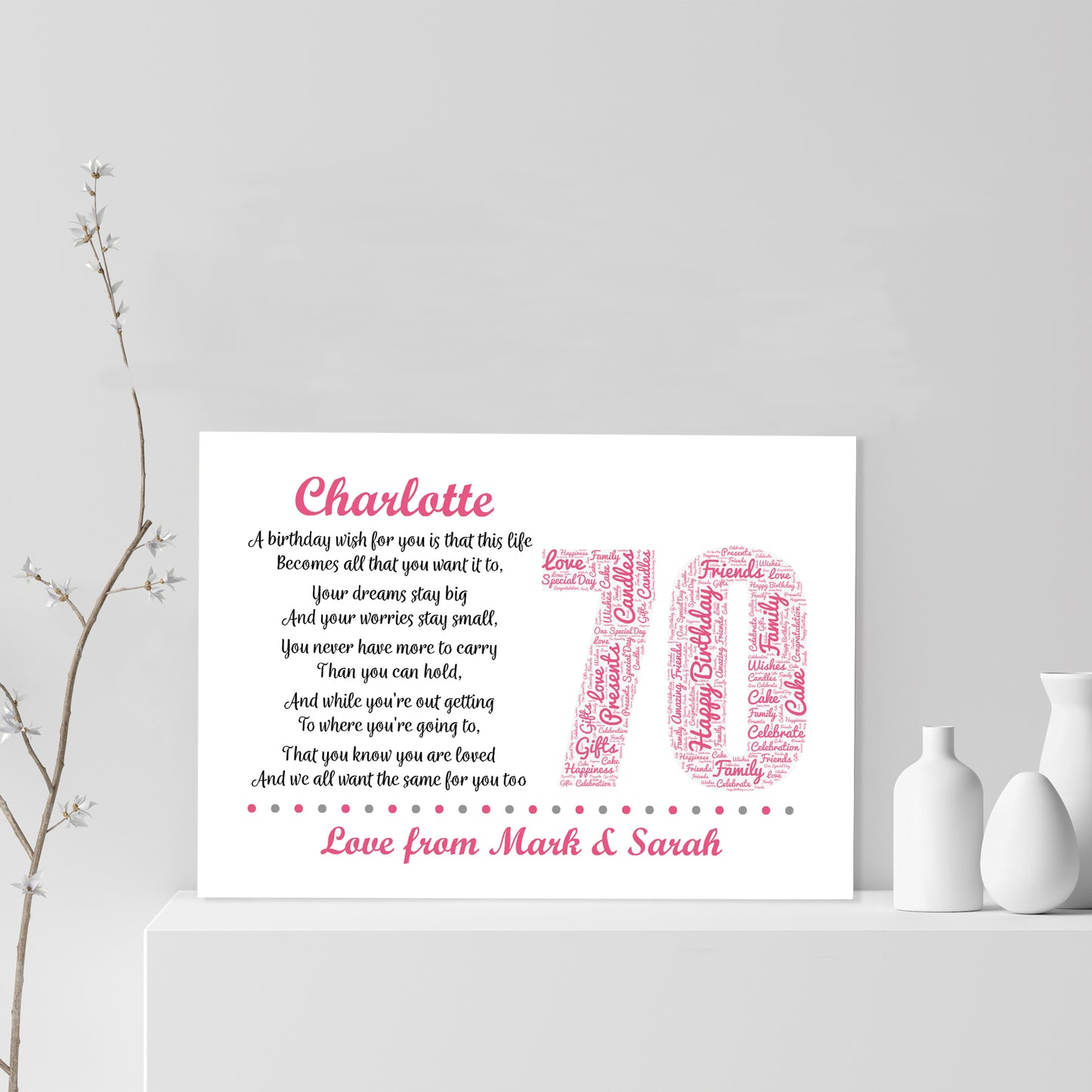 Personalised 70th Birthday Gifts for Her Women Mum Nan A4 Print