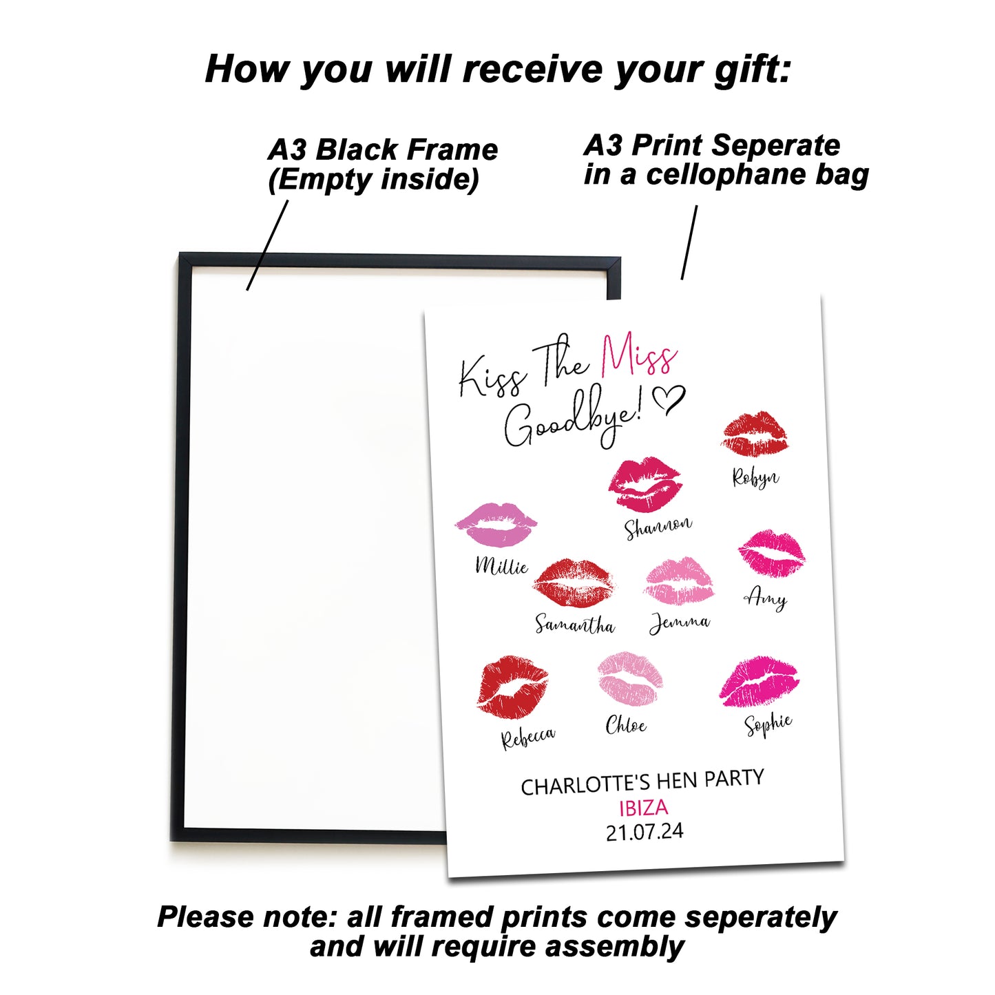 Kiss The Miss Goodbye Print A3 Black Framed Hen Party Print