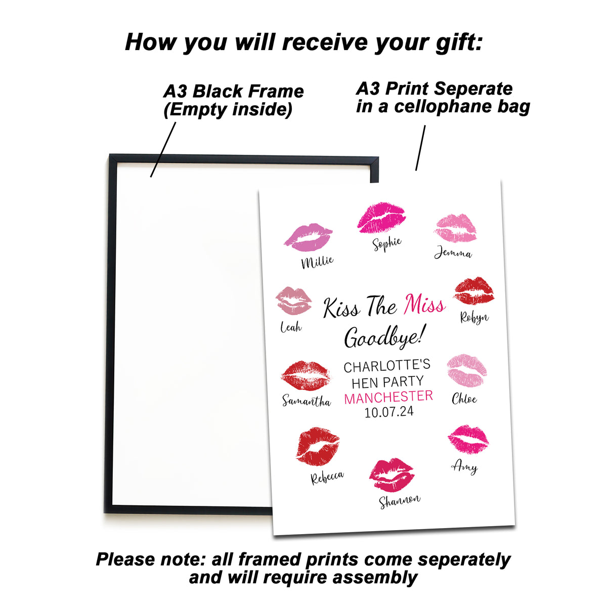 Kiss The Miss Goodbye A3 Black Framed Hen Party Print Keepsake