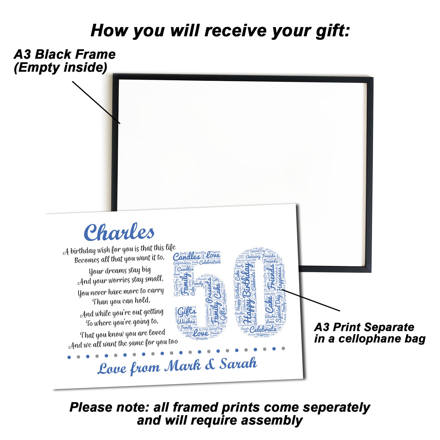 Personalised 50th Birthday Gifts for Him Husband Dad A3 Framed