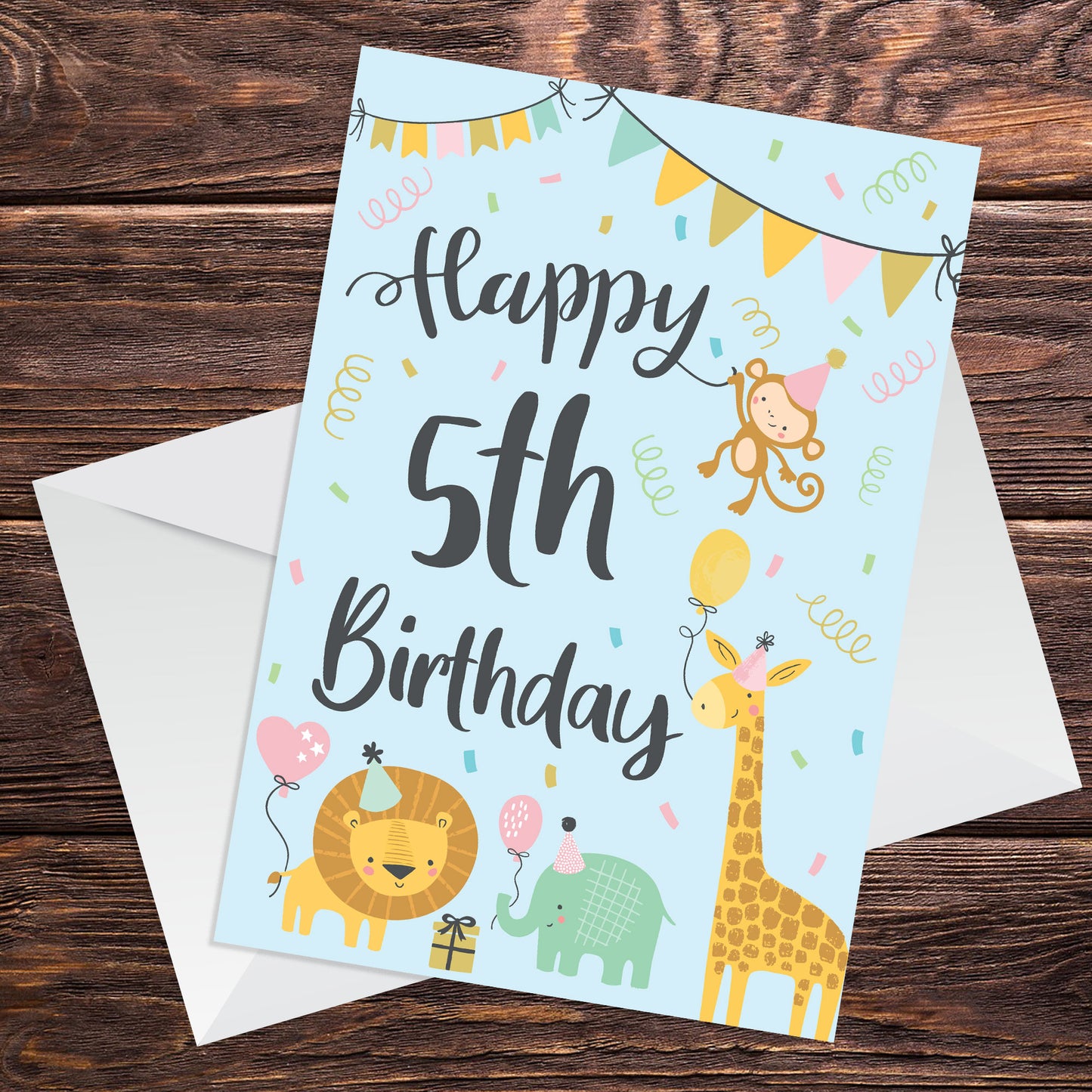 5th Birthday Jungle Animals Card for Girls Boys 5 Year Old Child