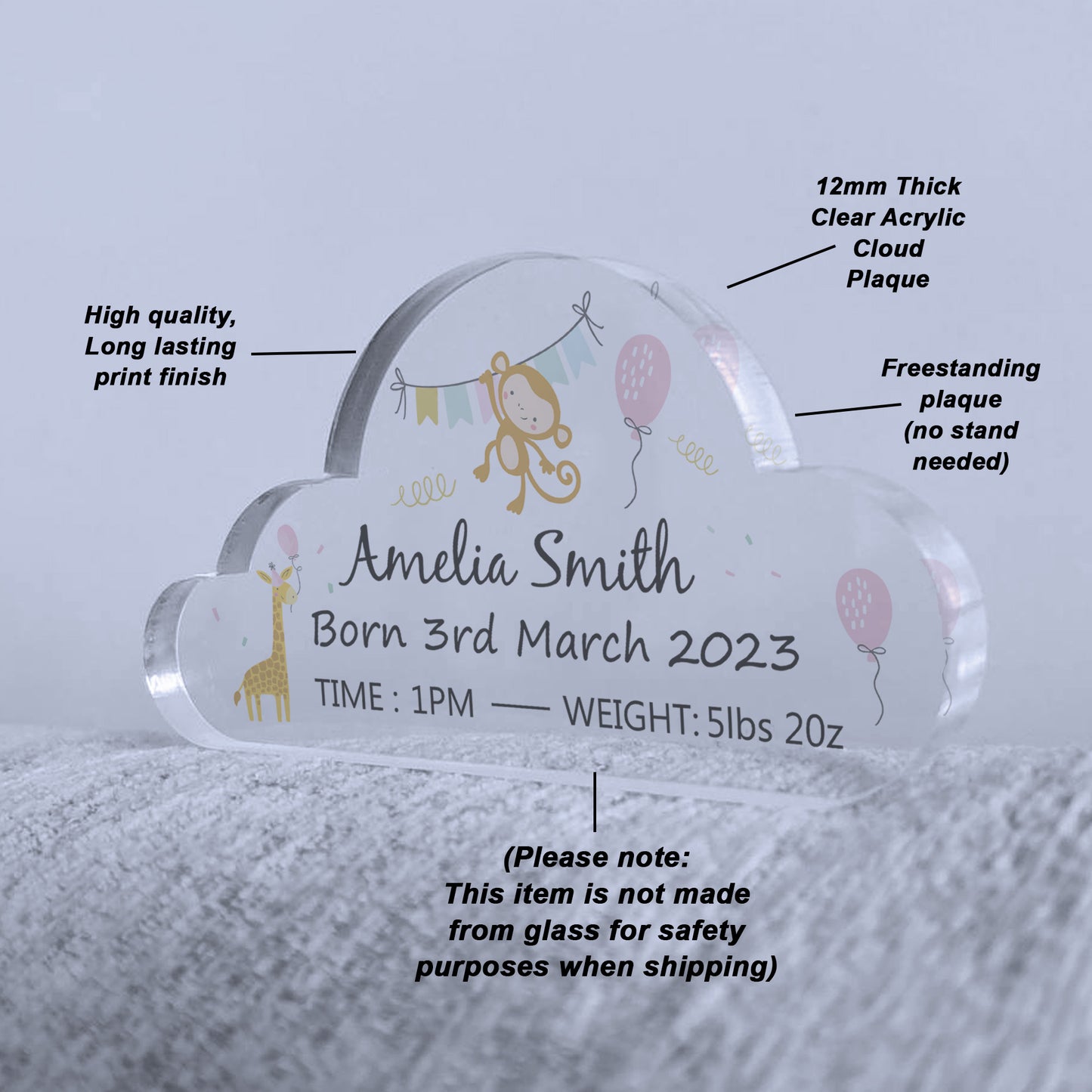 Personalised Baby Gift Standing Acrylic Plaque Birth Details