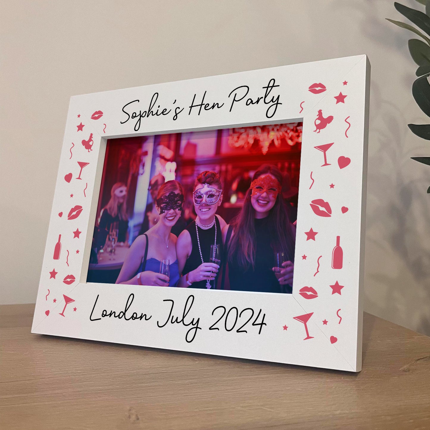 Hen Party Personalised Gifts, 7x5 White Wooden Frame, Hen Do Gif
