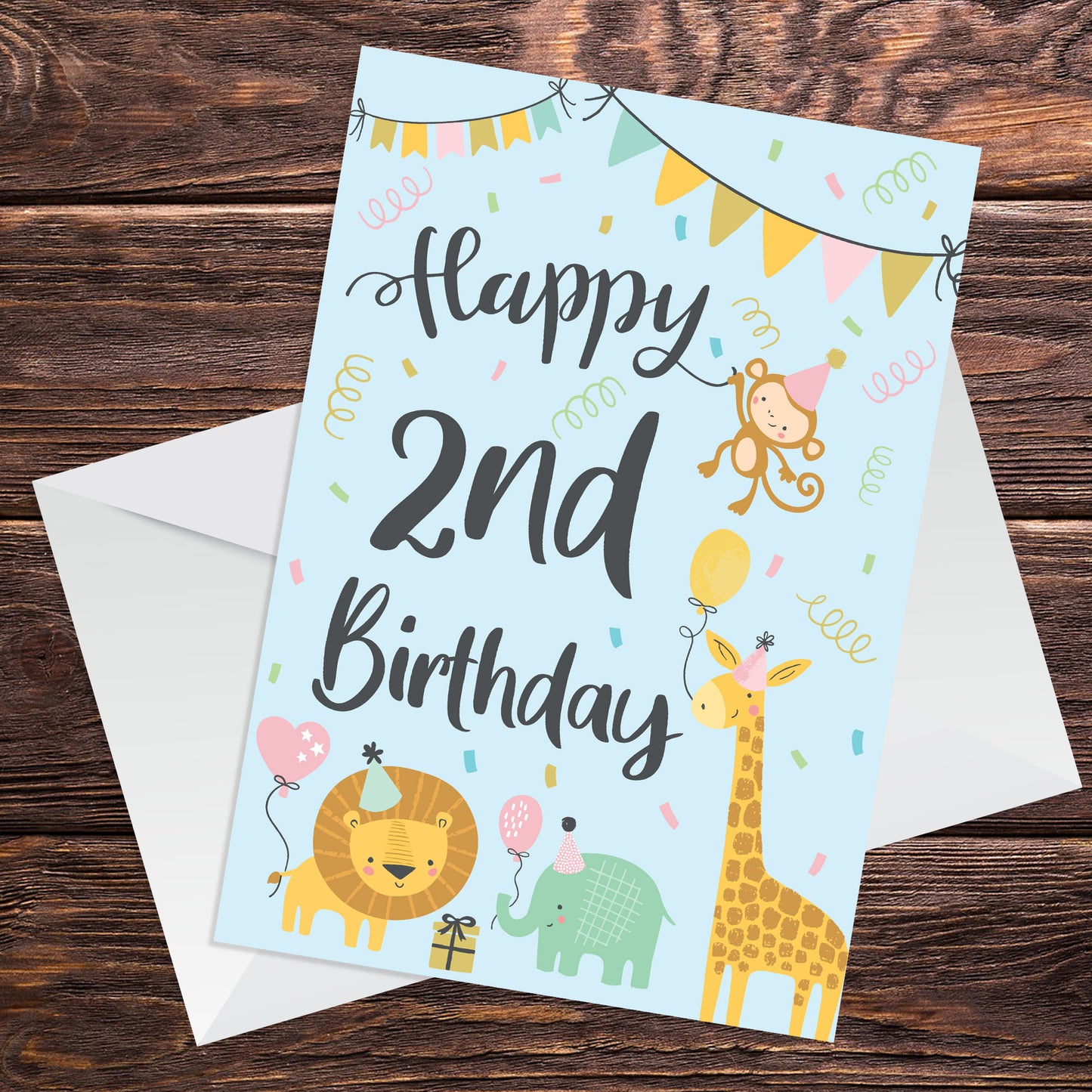 2nd Birthday Jungle Animals Card for Girls Boys 2 Year Old Child