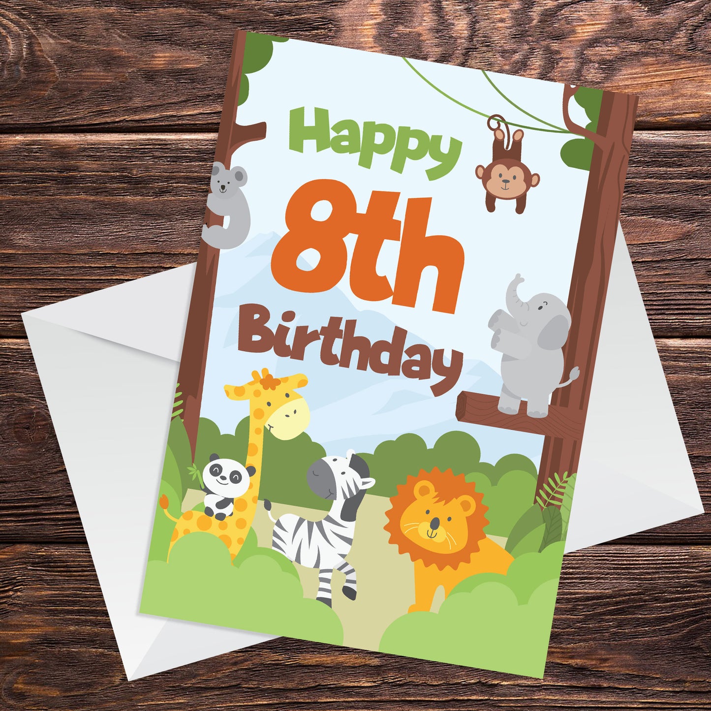 8th Birthday Card for Boys Girls Eighth Birthday Jungle Cards