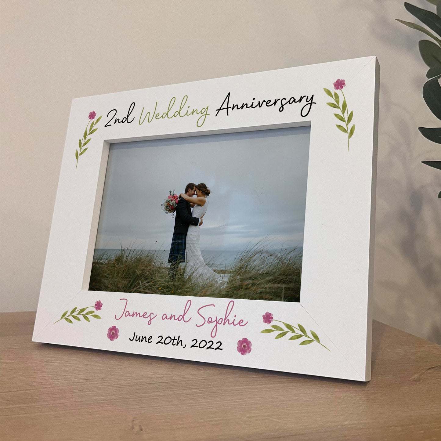 2nd Anniversary Wedding Gifts Personalised 7x5 White Frame