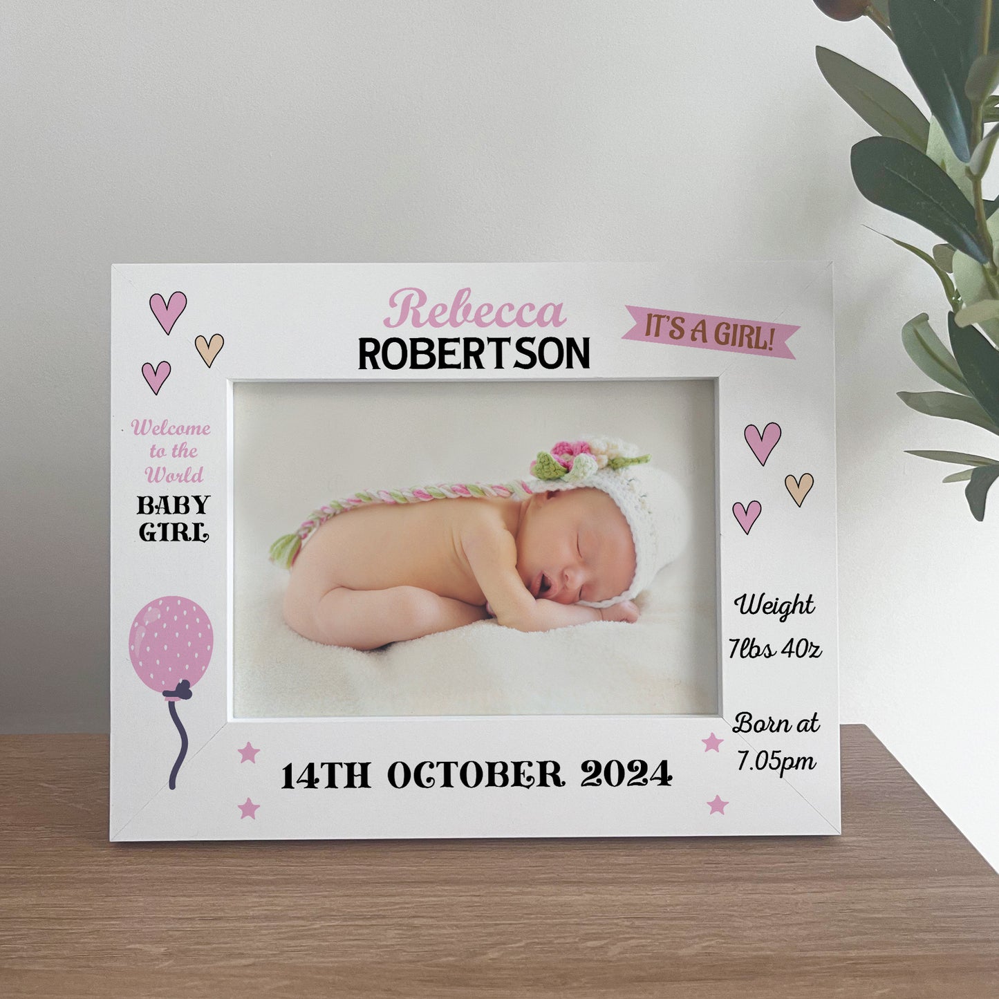 Personalised Baby Girl Newborn Gift 7x5 White Wooden Photo Frame