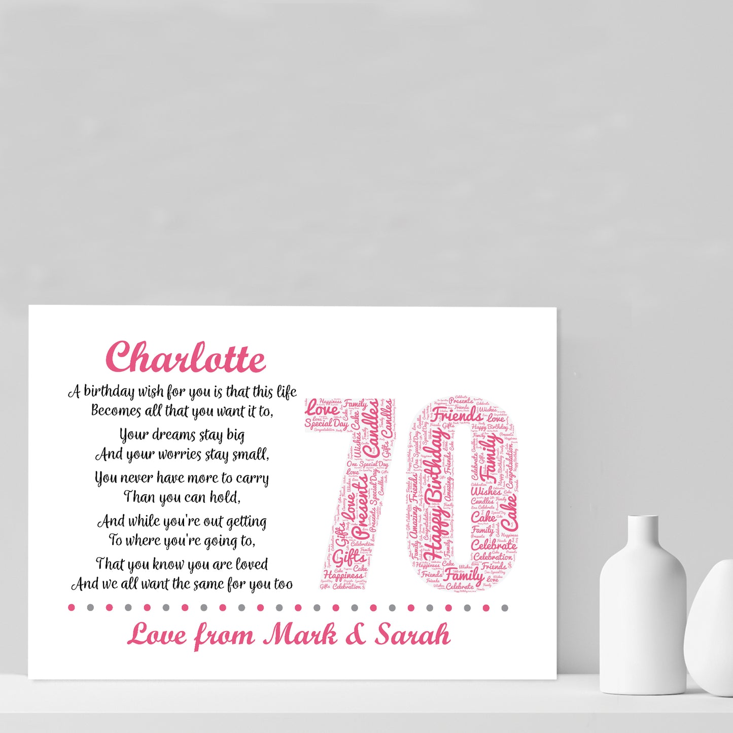 Personalised 70th Birthday Gifts for Her Women Mum Nan A4 Print