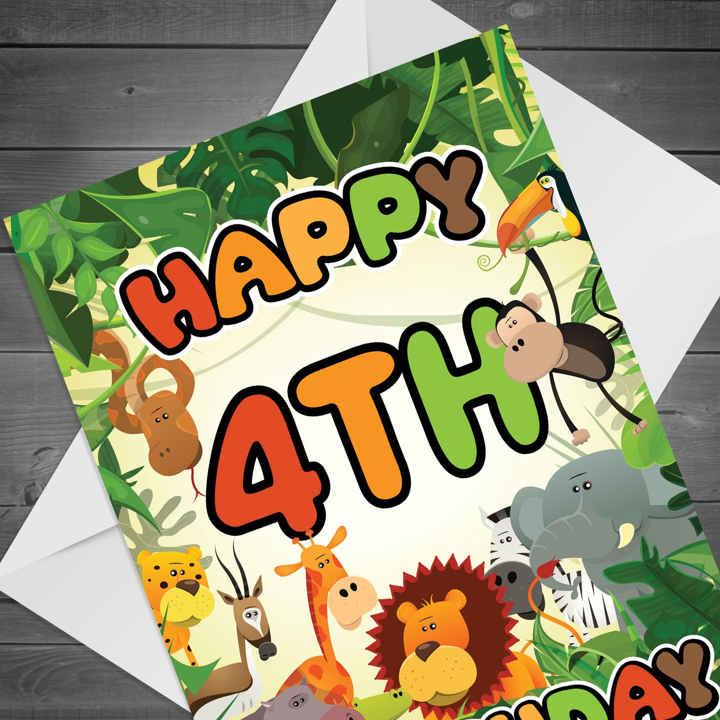 4th Birthday Card for Boy Girl Jungle Safari Animals 4 Years