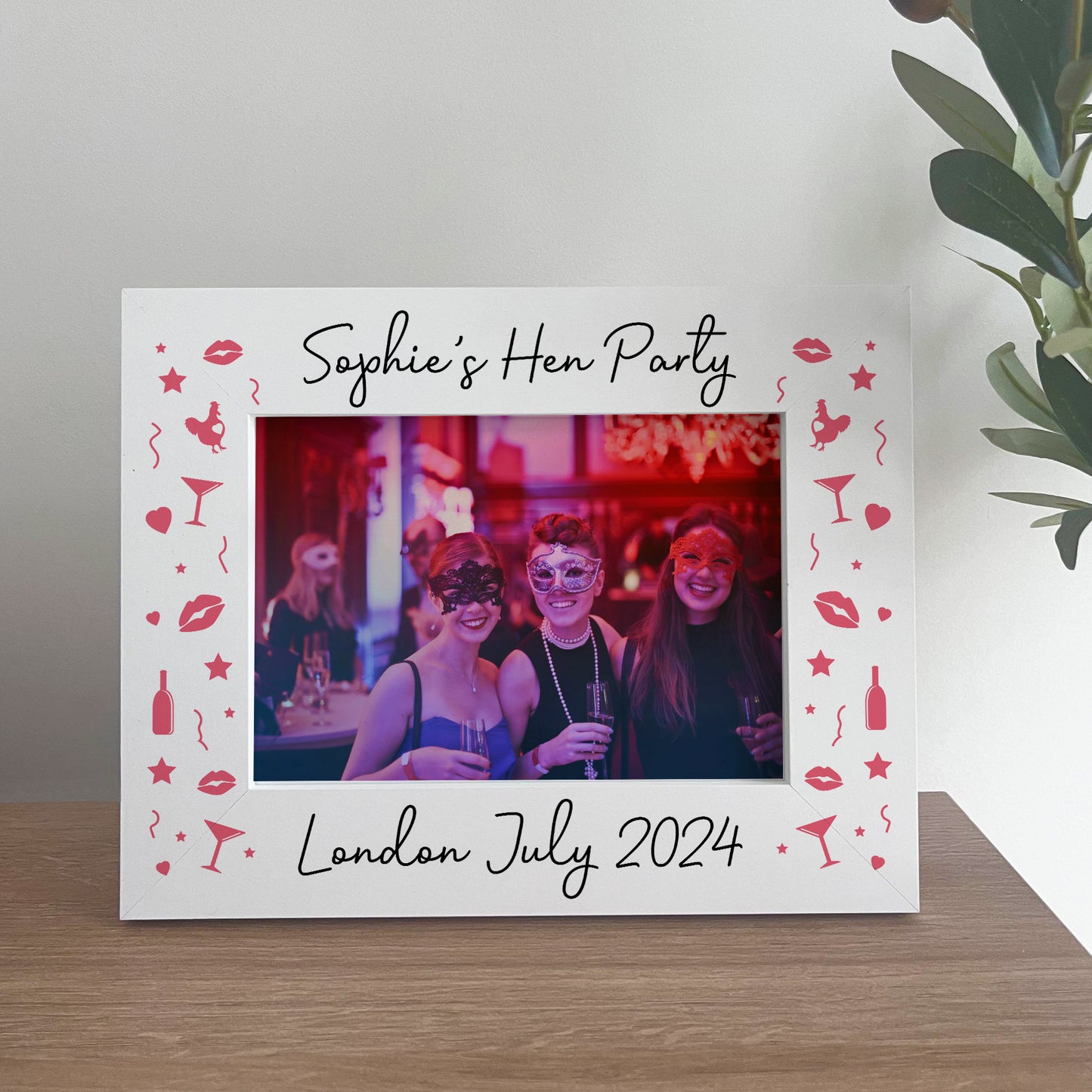 Hen Party Personalised Gifts, 7x5 White Wooden Frame, Hen Do Gif