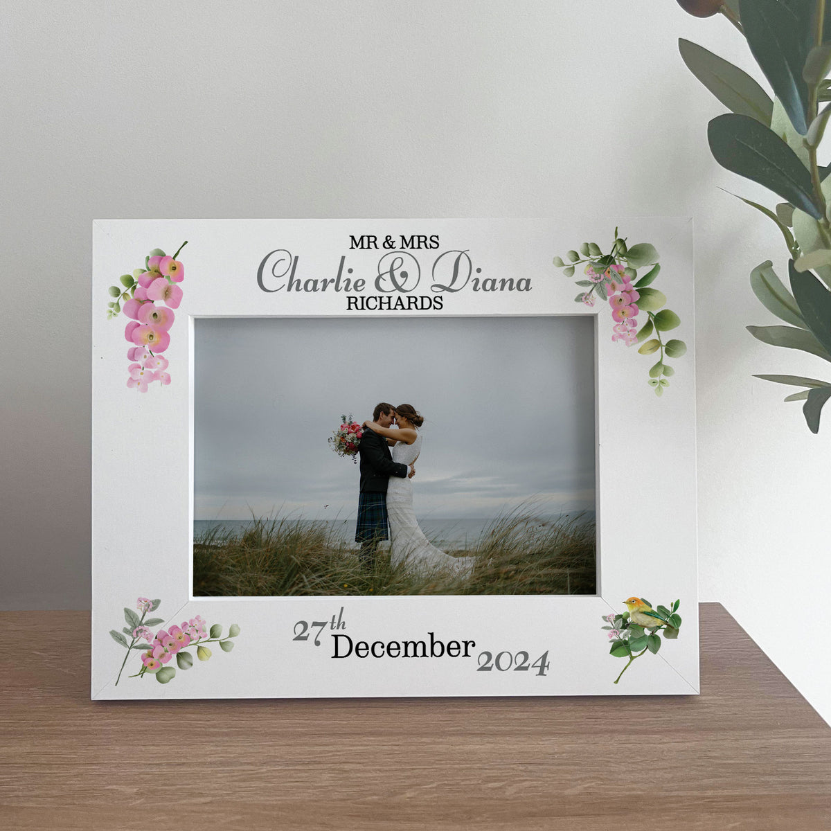 Personalised Mr & Mrs Wedding Picture Frame Gift Pink Floral