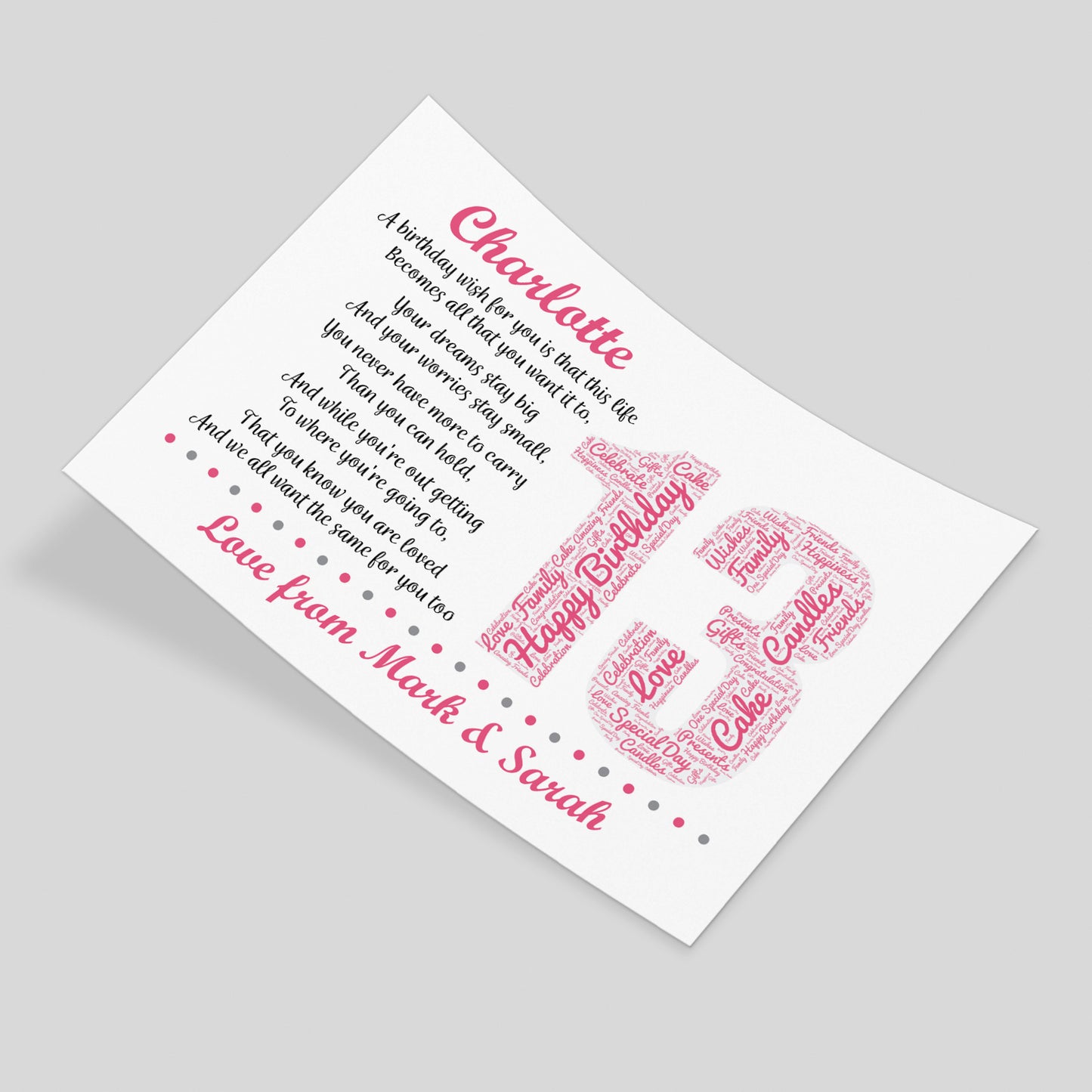 Personalised 13th Birthday Gifts for Her Women Daughter A3 Print