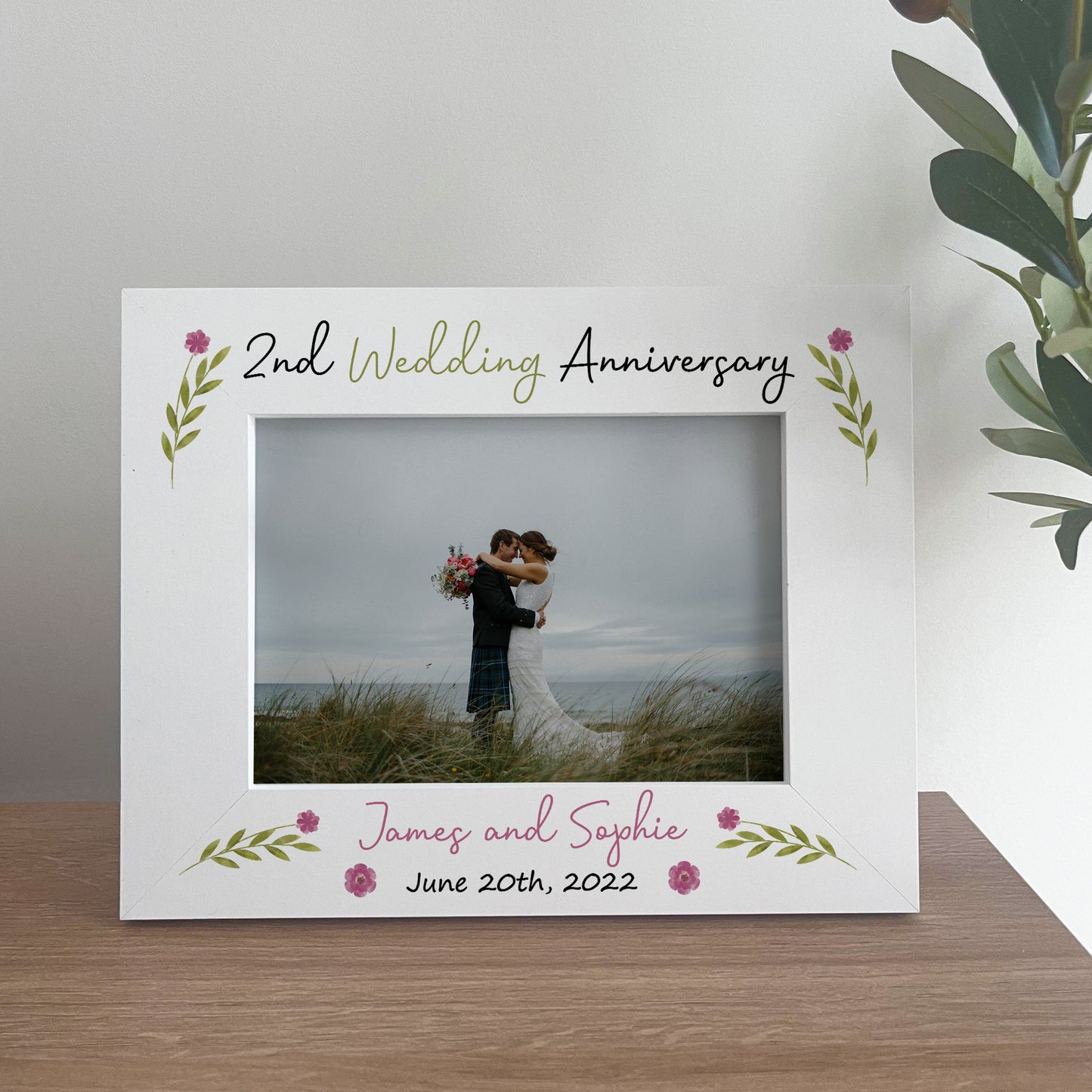 2nd Anniversary Wedding Gifts Personalised 7x5 White Frame