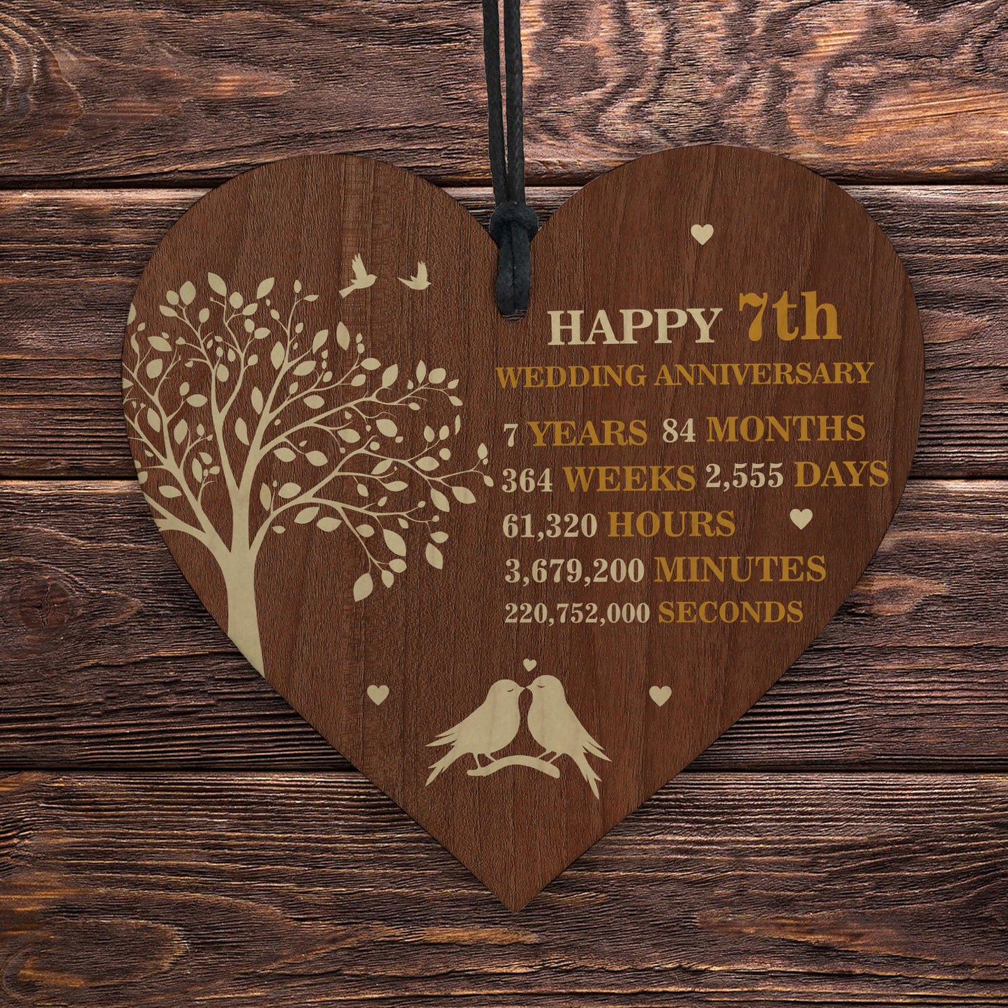 7th Wedding Anniversary Wooden Heart Plaque Dark Wife Husband