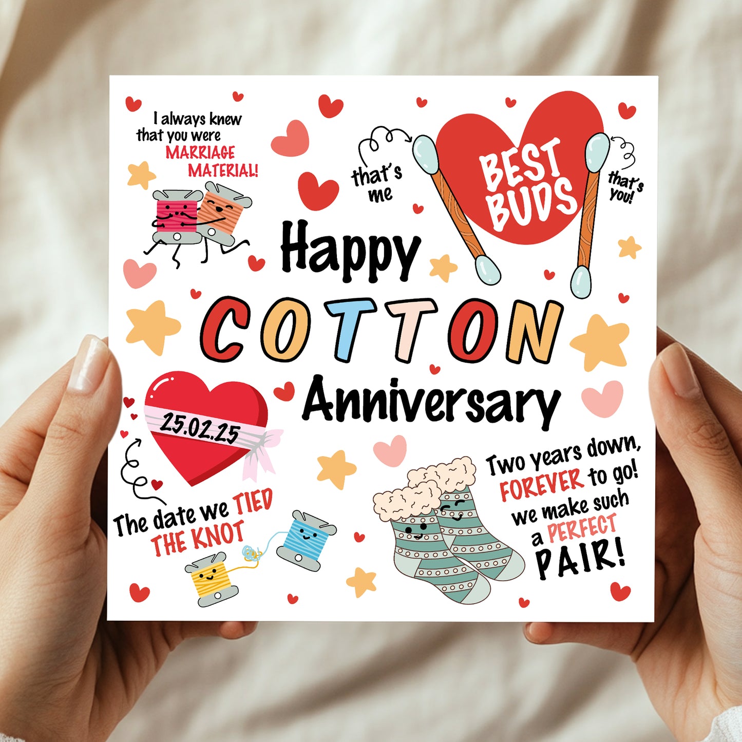 Happy Cotton Anniversary Card For Husband Wife Personalised 2nd