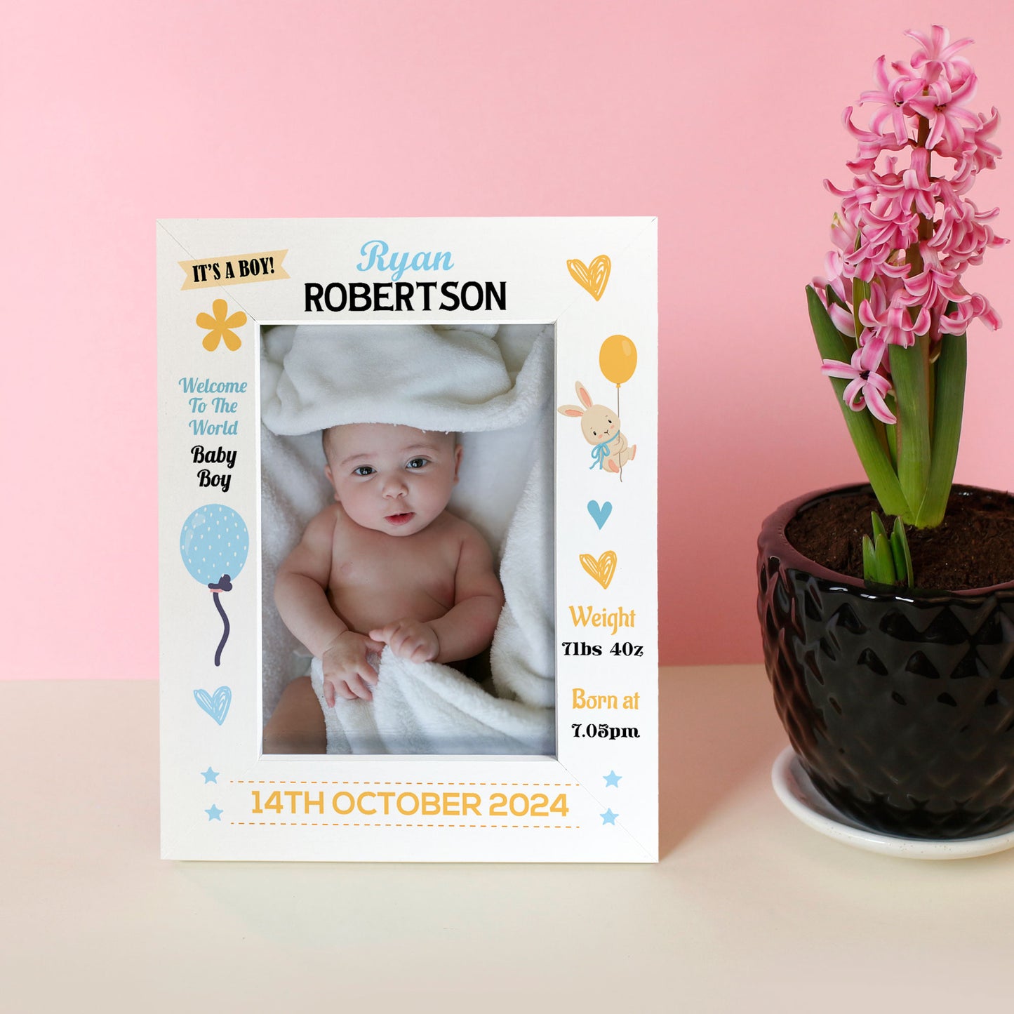 Personalised Baby Boy Portrait Photo Frame With Birth Details