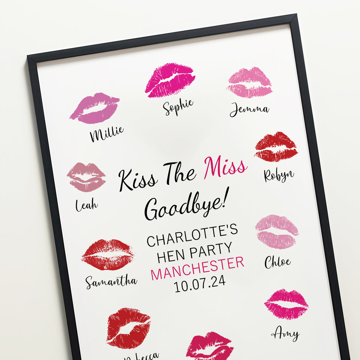 Kiss The Miss Goodbye A3 Black Framed Hen Party Print Keepsake
