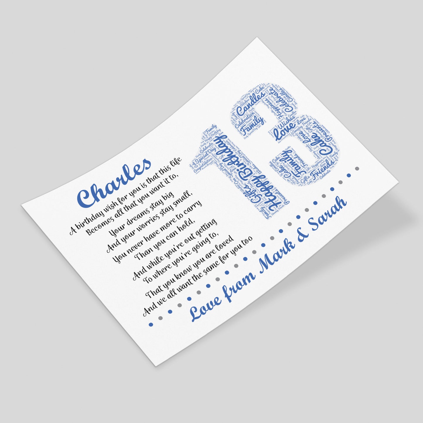 Personalised 13th Birthday Gift for Him Men Son Brother A3 Print