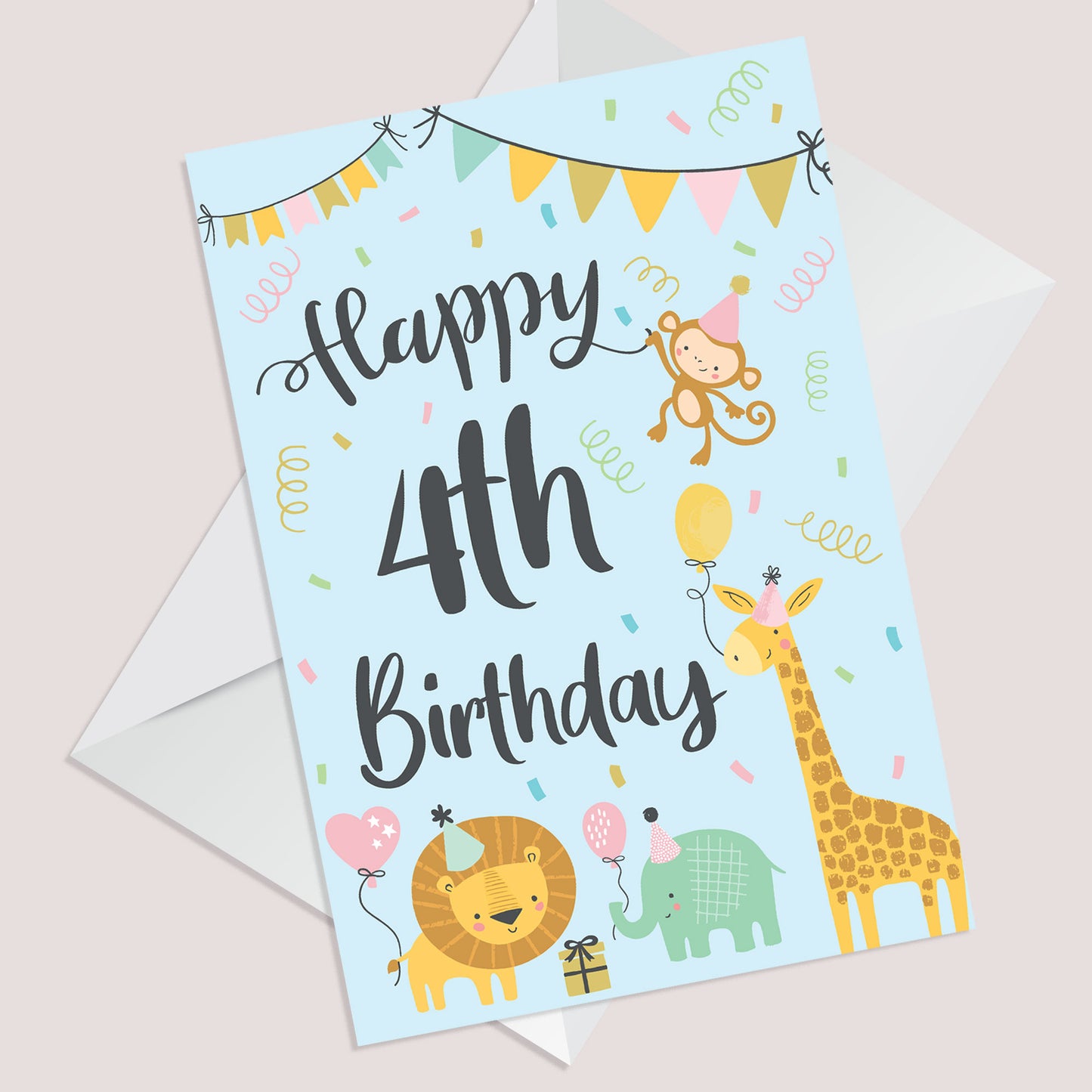4th Birthday Jungle Animals Card for Girls Boys 4 Year Old Child