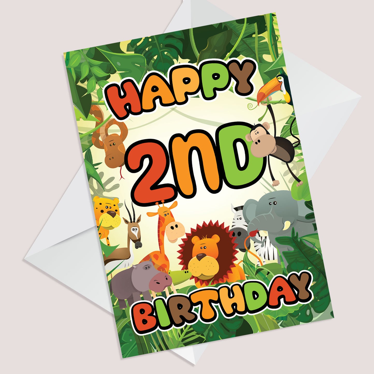 2nd Birthday Card for Boy Girl Jungle Safari Animals 2 Years