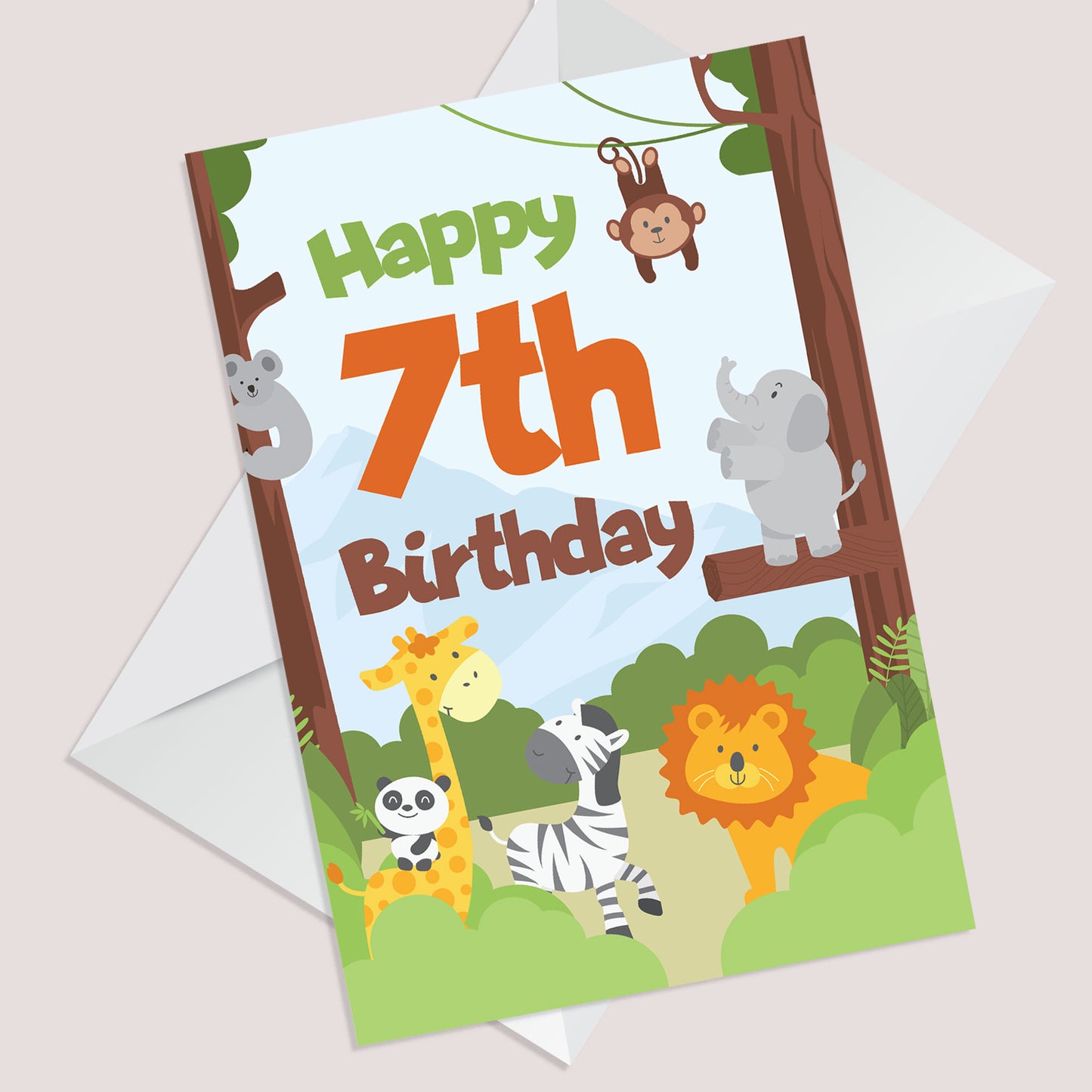 7th Birthday Card for Boys Girls Seventh Birthday Jungle Cards