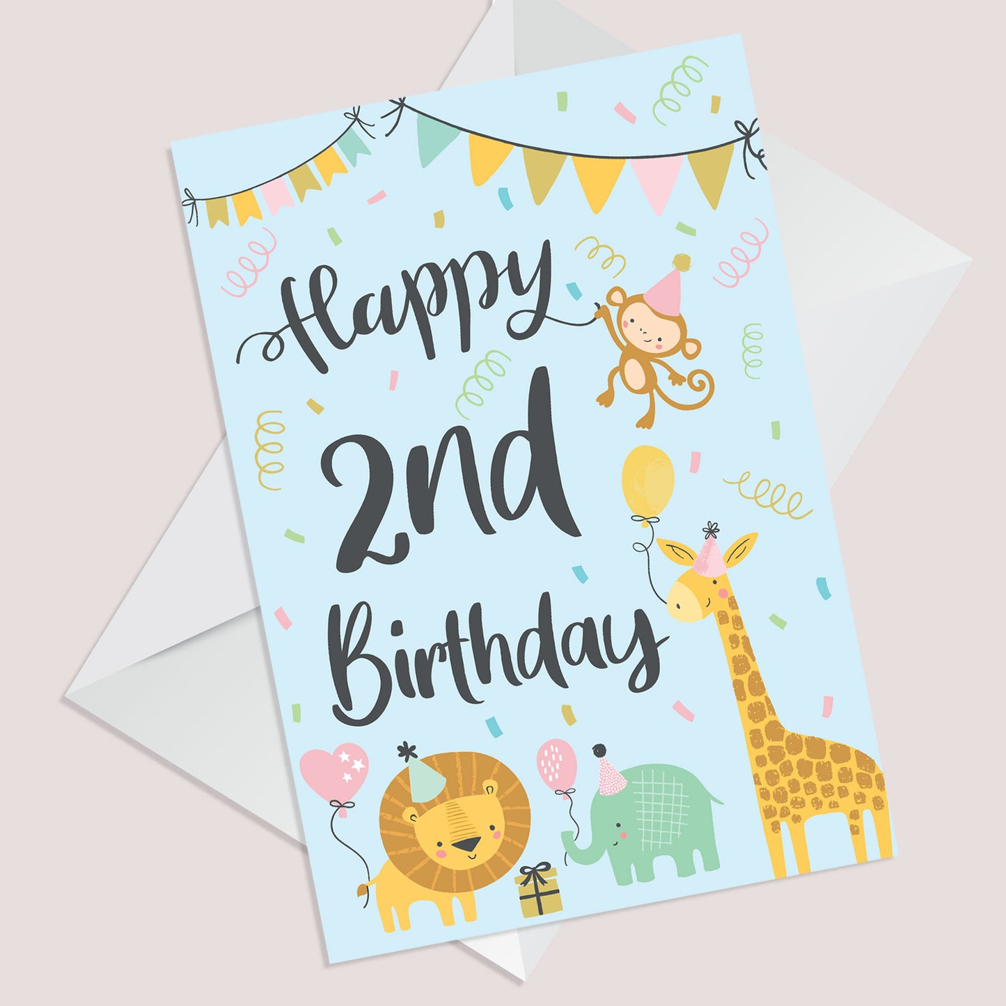 2nd Birthday Jungle Animals Card for Girls Boys 2 Year Old Child