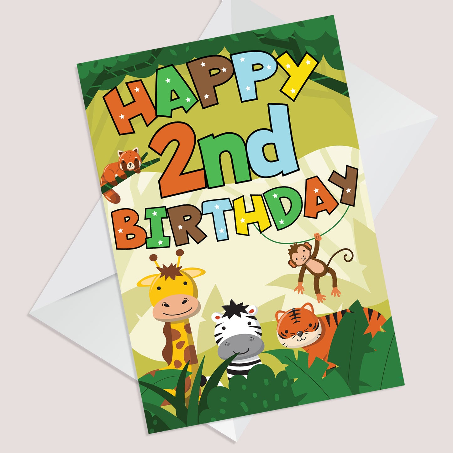 2nd Birthday Jungle Animal Card for Boys Girls 2 Year Old Card