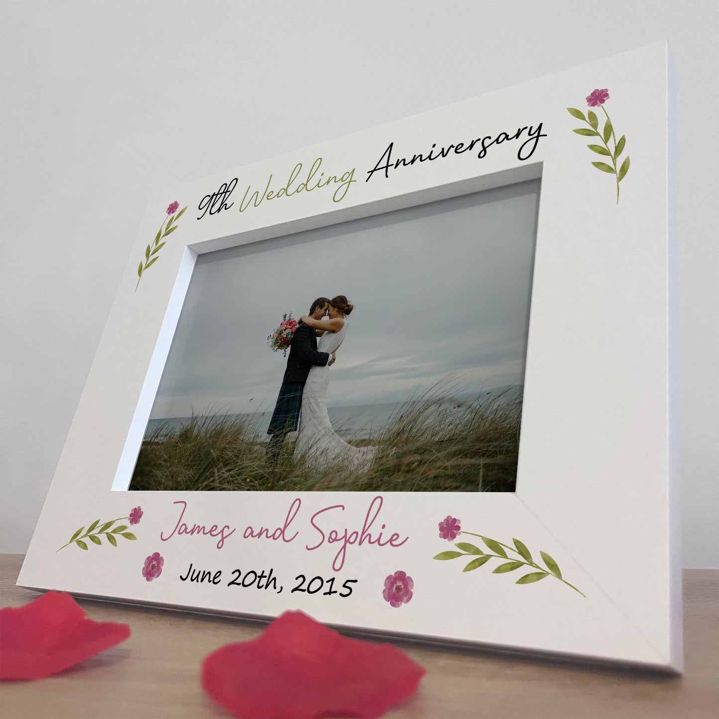 9th Anniversary Wedding Gifts Personalised 7x5 White Frame