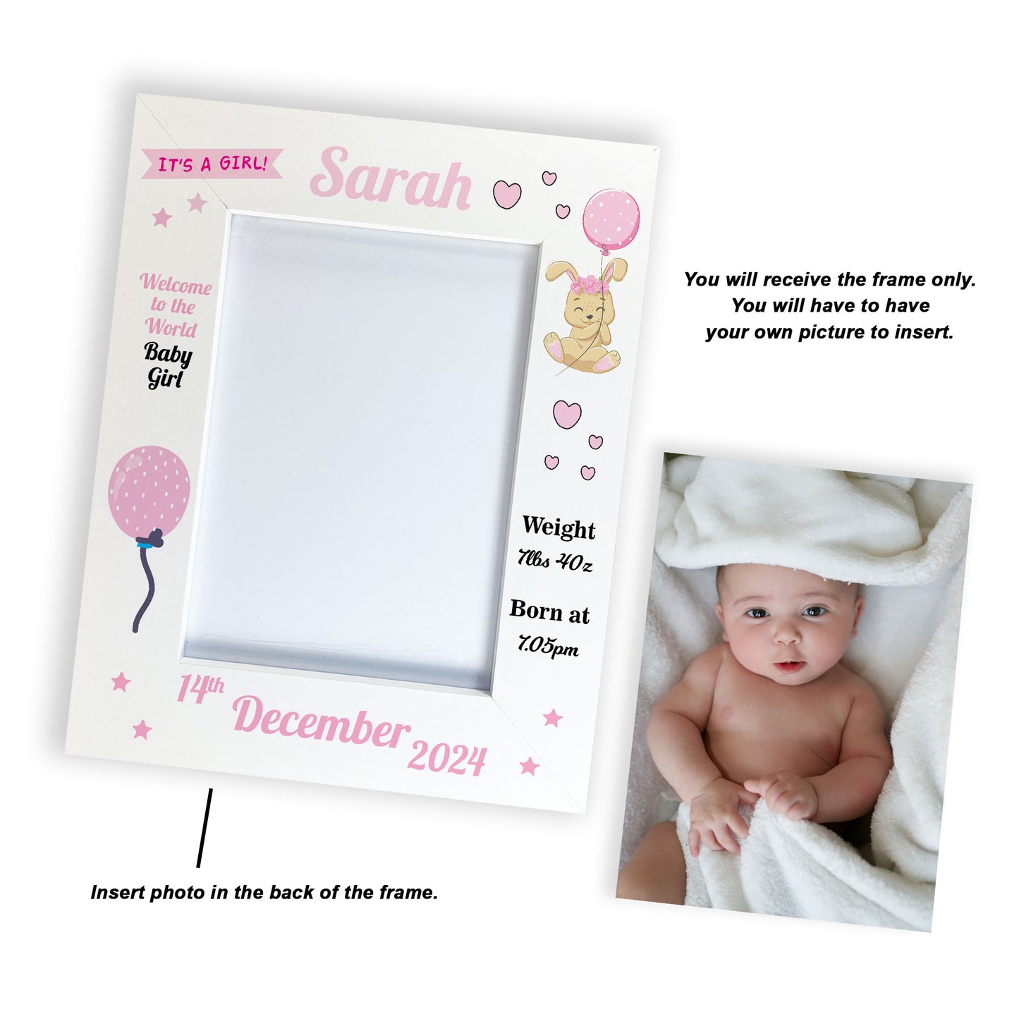 BABY GIRL Nursery Picture Frames Birth Details Personalised 7x5