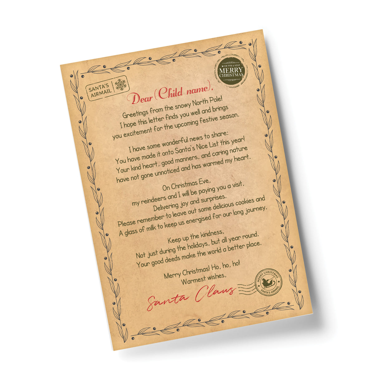 Personalised Christmas Letter Santa North Pole Letter Nice List