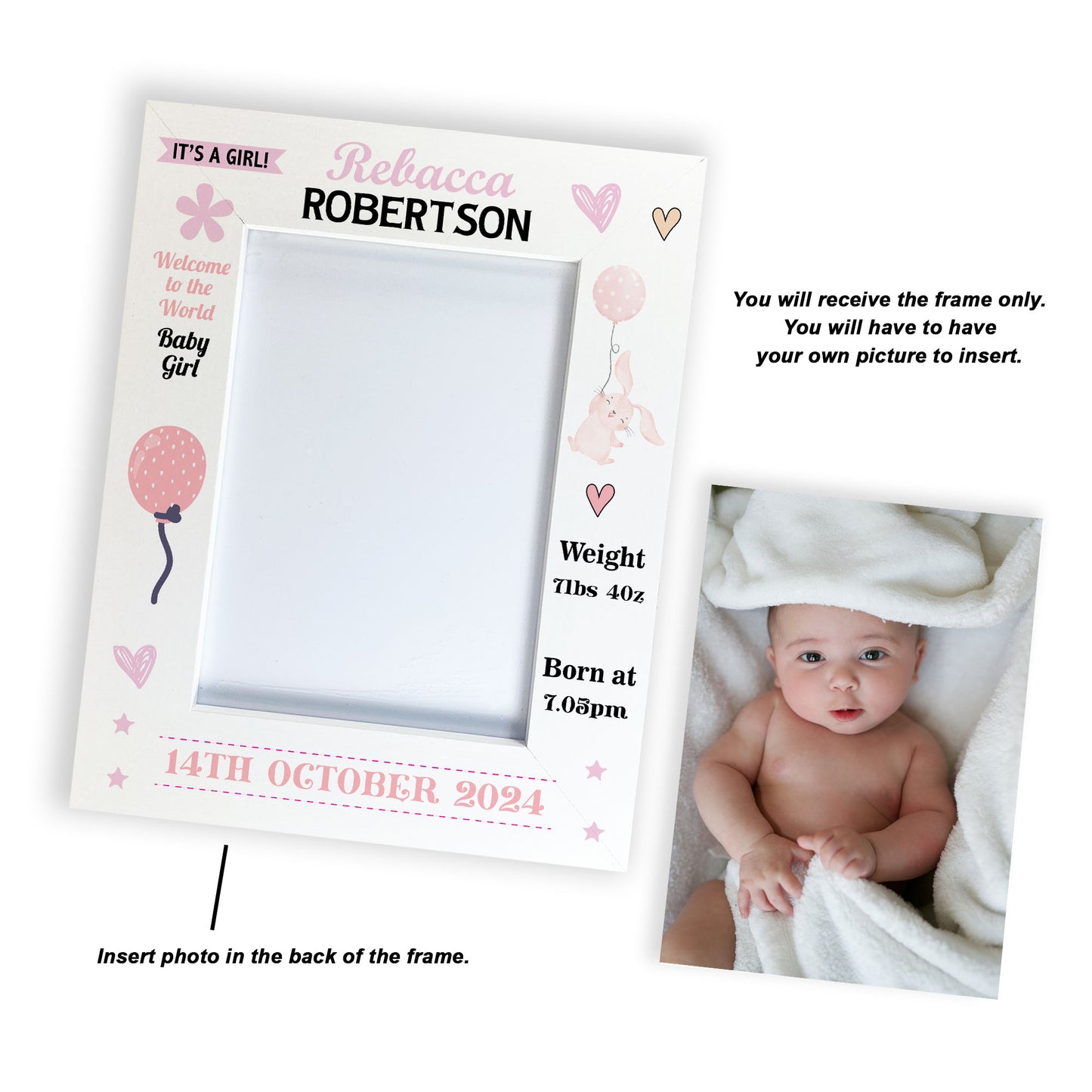 Personalised Baby Girl Portrait Photo Frame With Birth Details