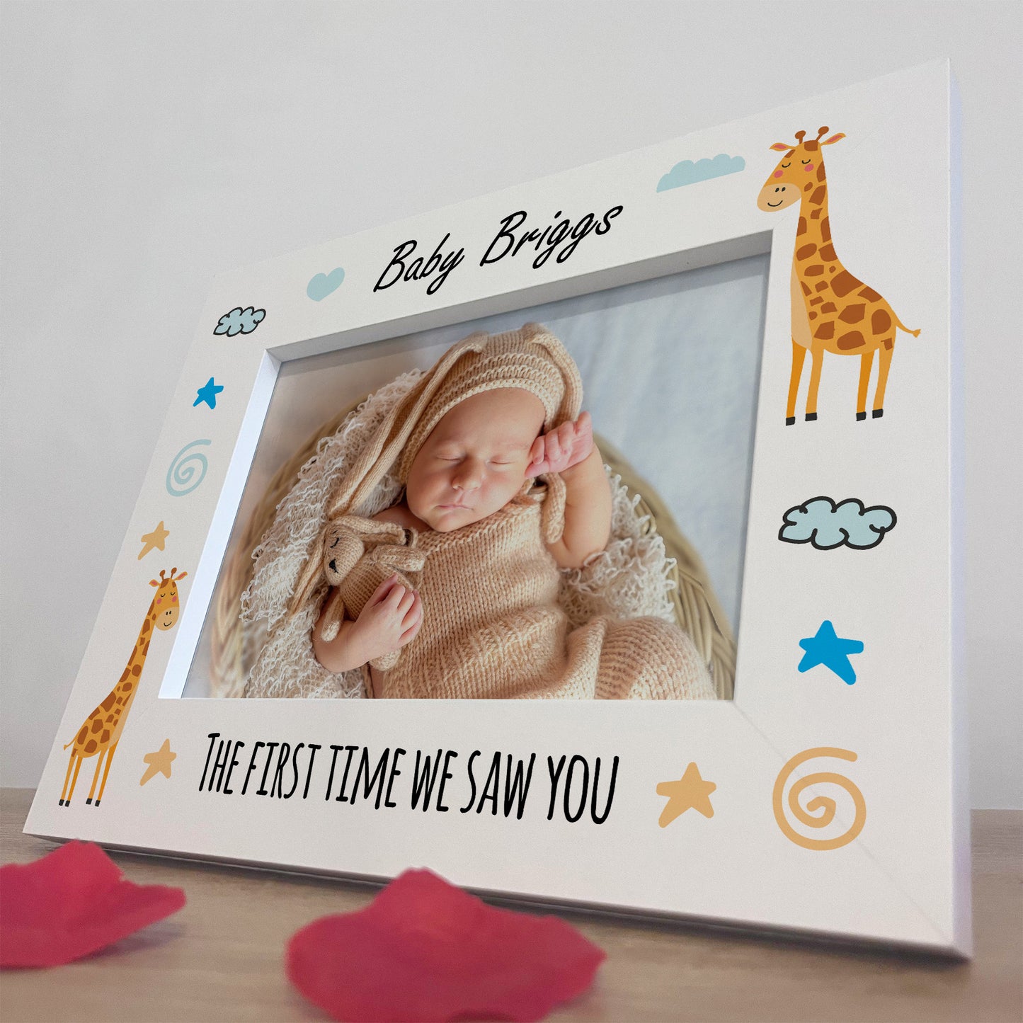 Newborn Personalised Baby Photo Frame 7x5 White Wood Frame