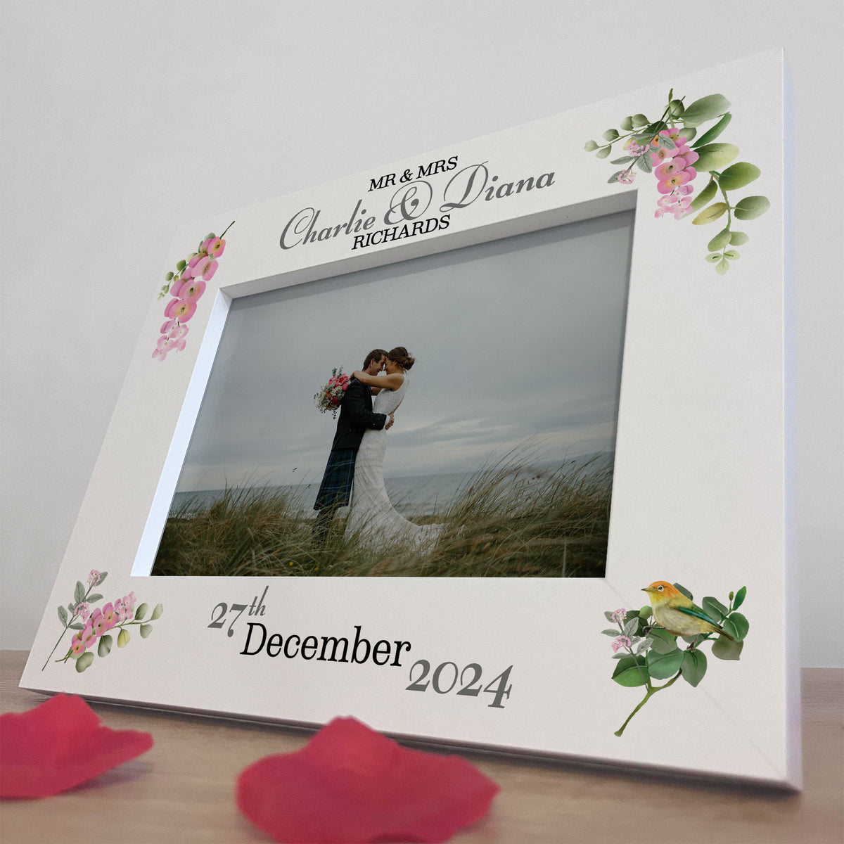Personalised Mr & Mrs Wedding Picture Frame Gift Pink Floral