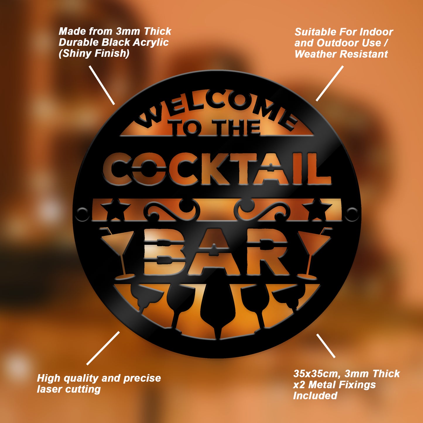 Cocktail Bar Welcome Sign Wall Mounted Home Bar Pub Sign 35x35cm